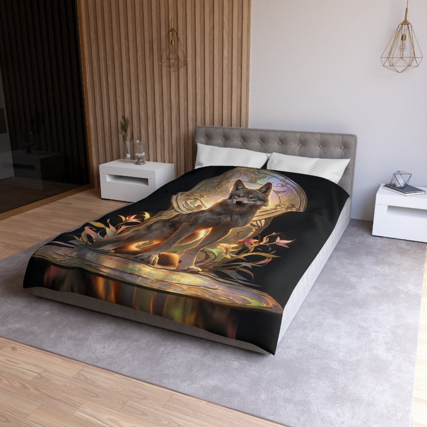 Regal Wolf Throne Duvet Cover – Golden Light Through Art Nouveau Arch