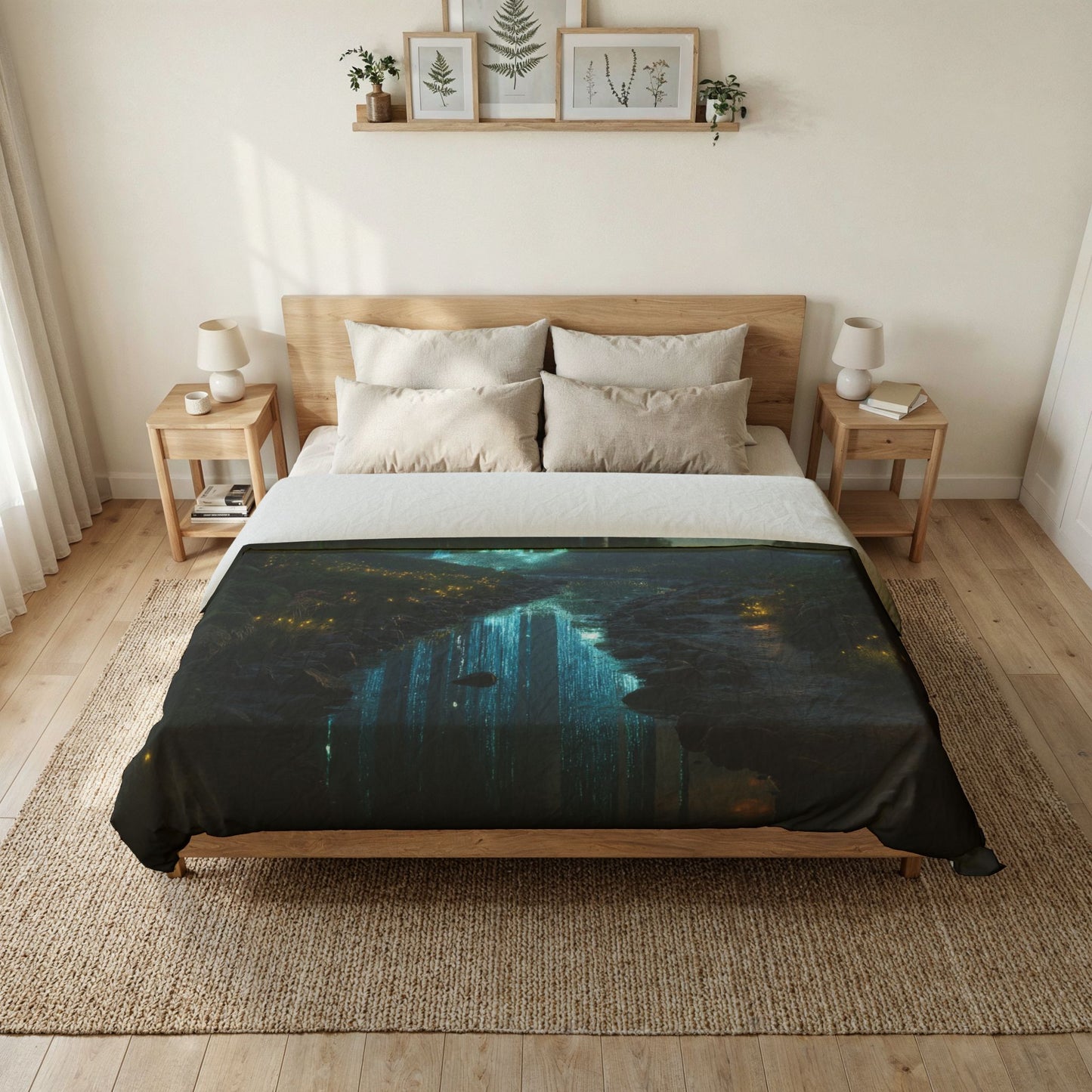 Bioluminescent Grove Cotton Duvet Cover – Twilight Stream & Neon Tree Canopy