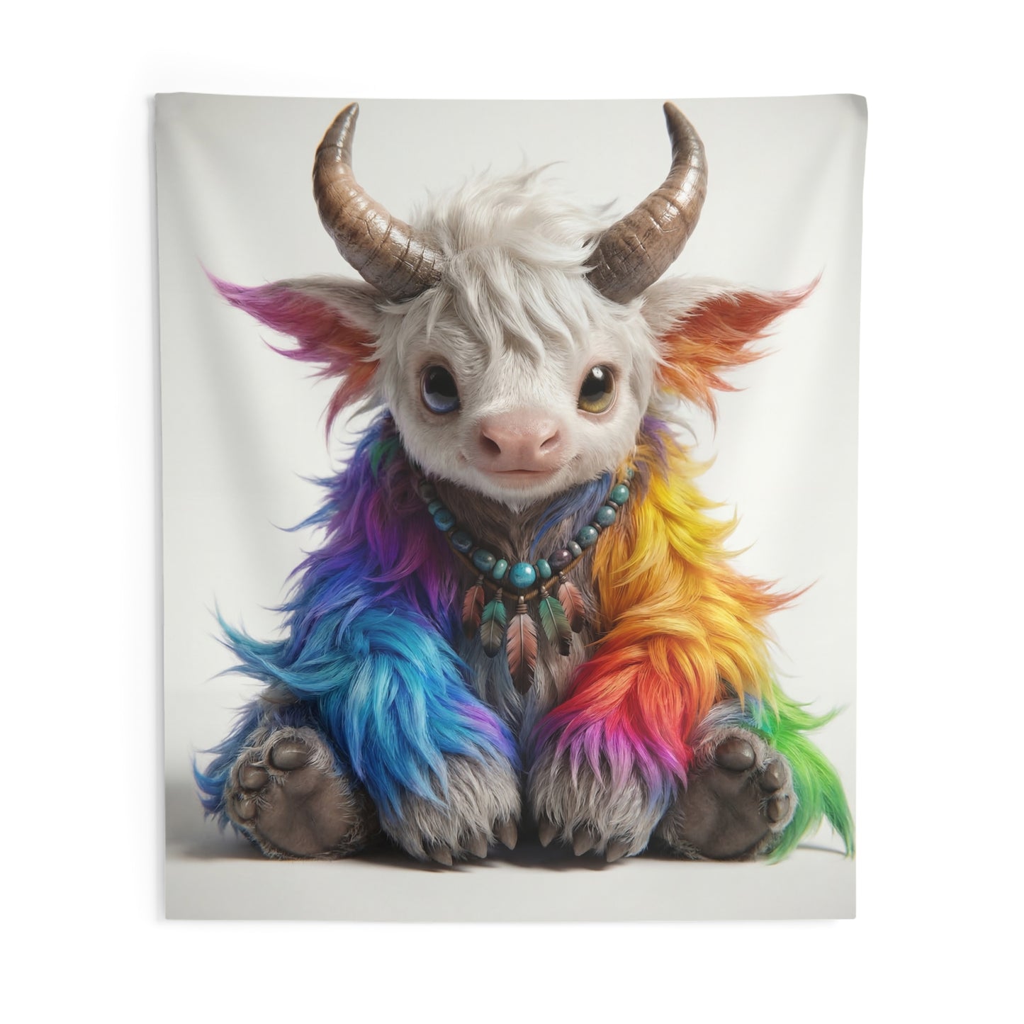 Rainbow Horned Guardian Indoor Wall Tapestries – Whimsical Spirit with Feathers and Turquoise Beads