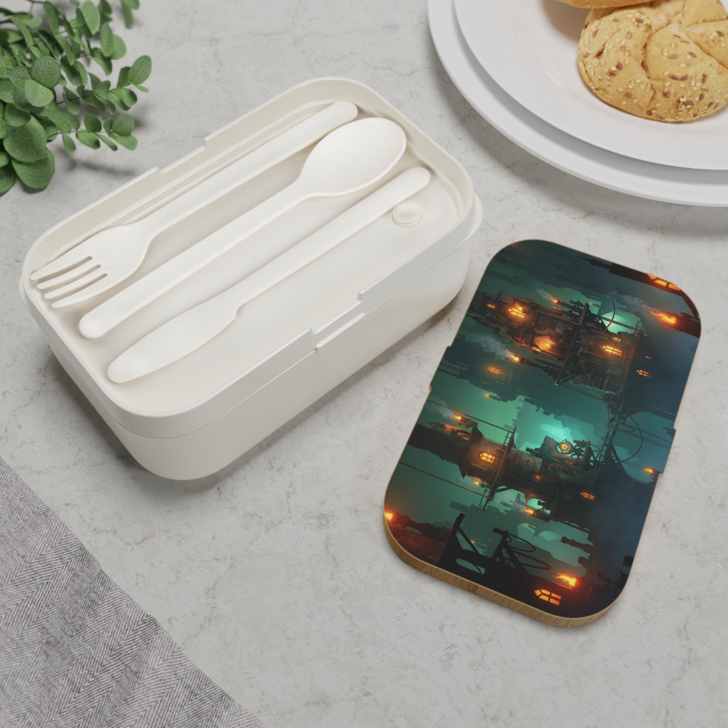 Gilded Sky City Bento Lunch Box – Floating Towers Through Misty Twilight