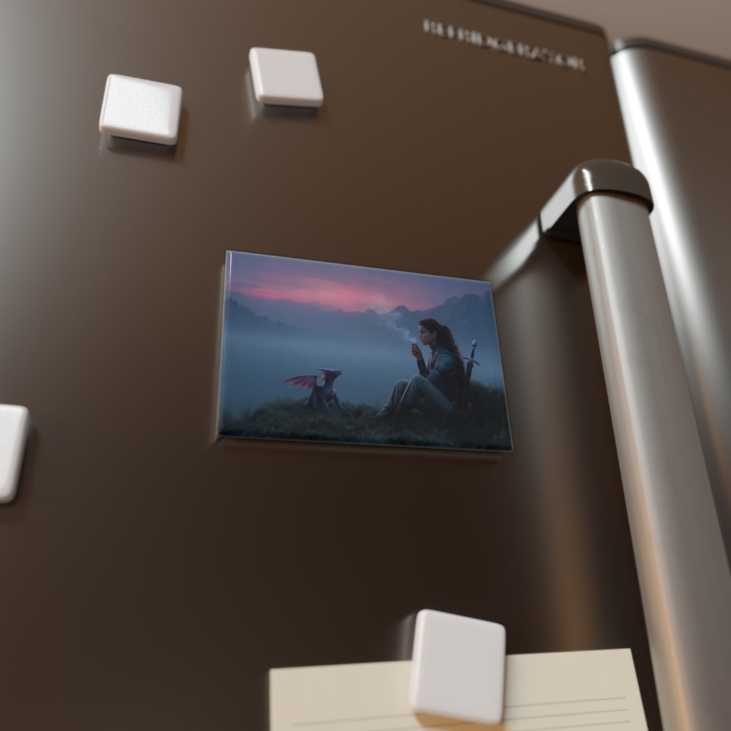 Warrior and Dragon Sunset Magnet – Quiet Alliance on Misty Peaks
