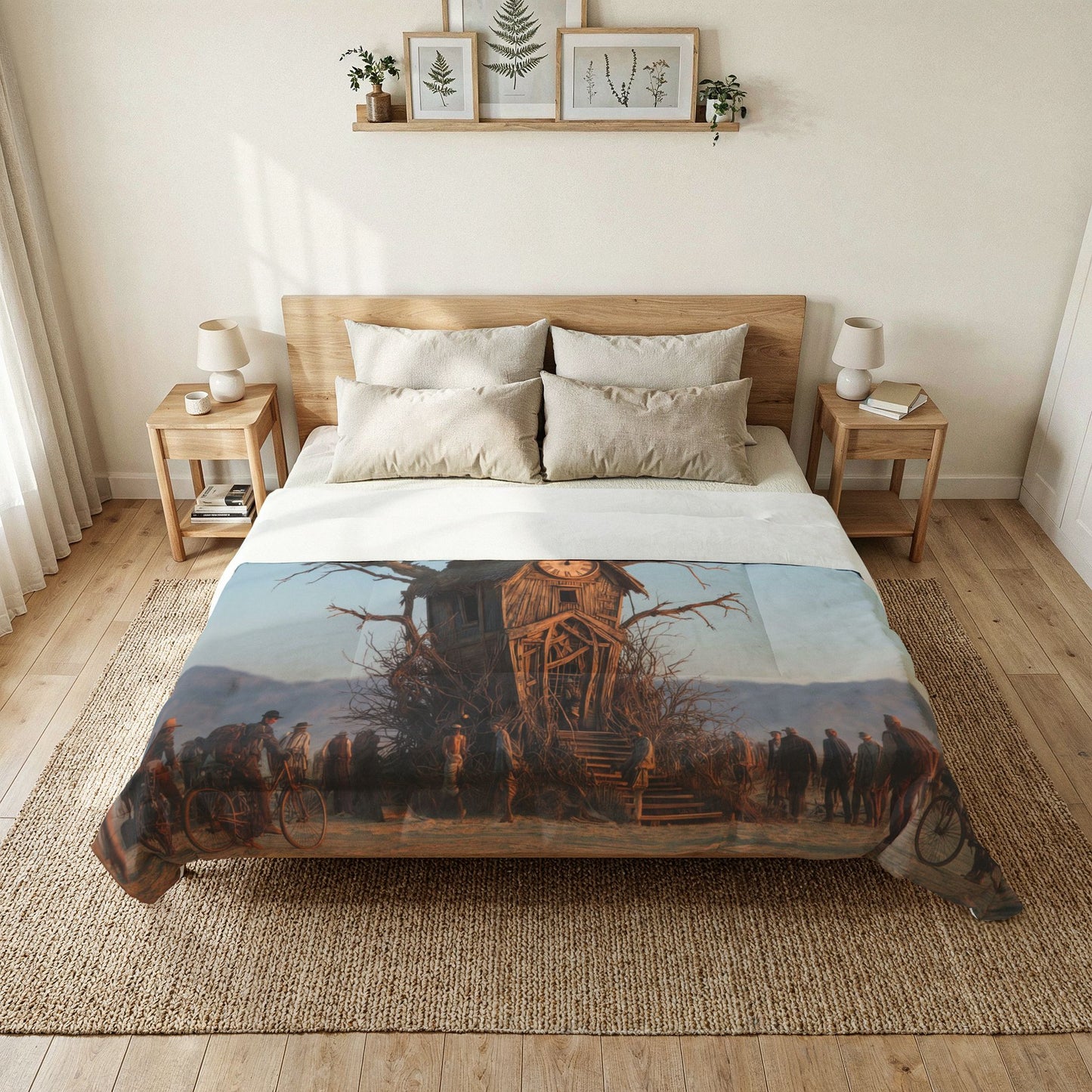 Wandering Clocktower Comforter – Dusty Horizon Pilgrim Scene