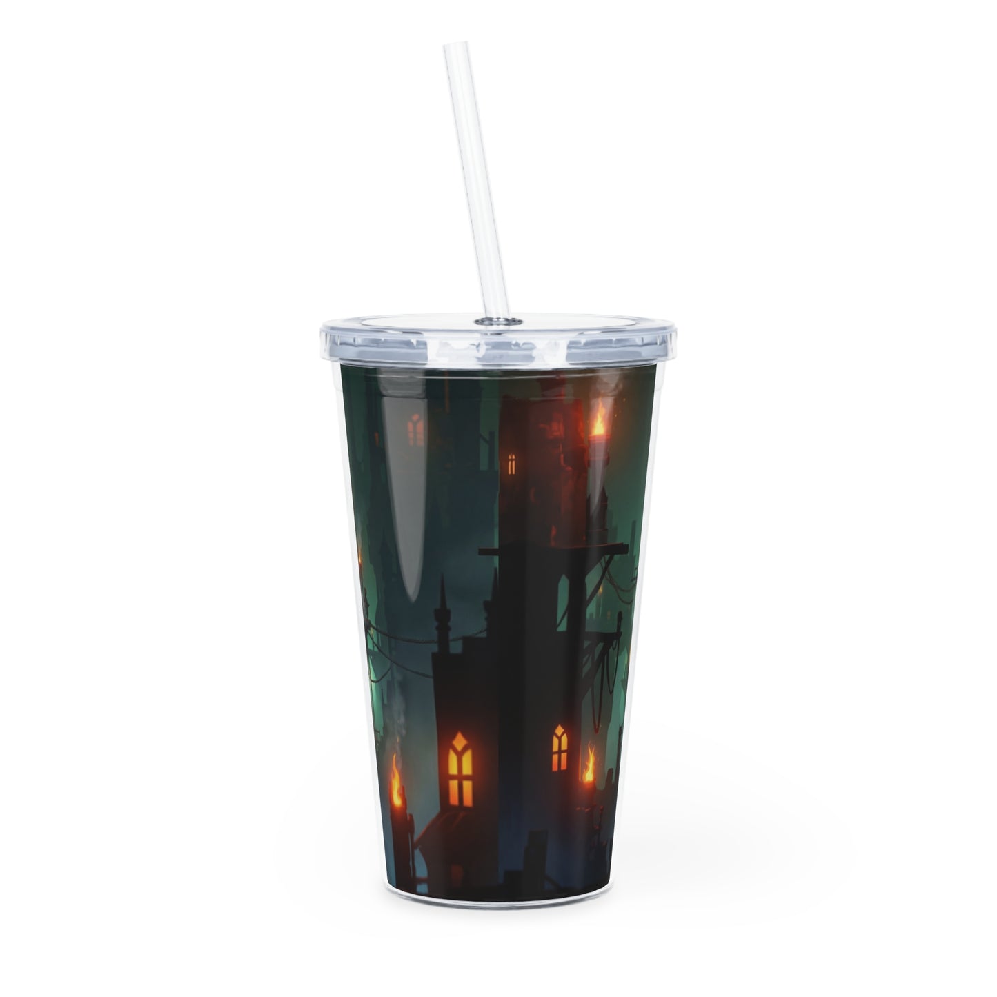 Floating City at Dusk Plastic Tumbler with Straw – Warm Lights in the Misty Sky