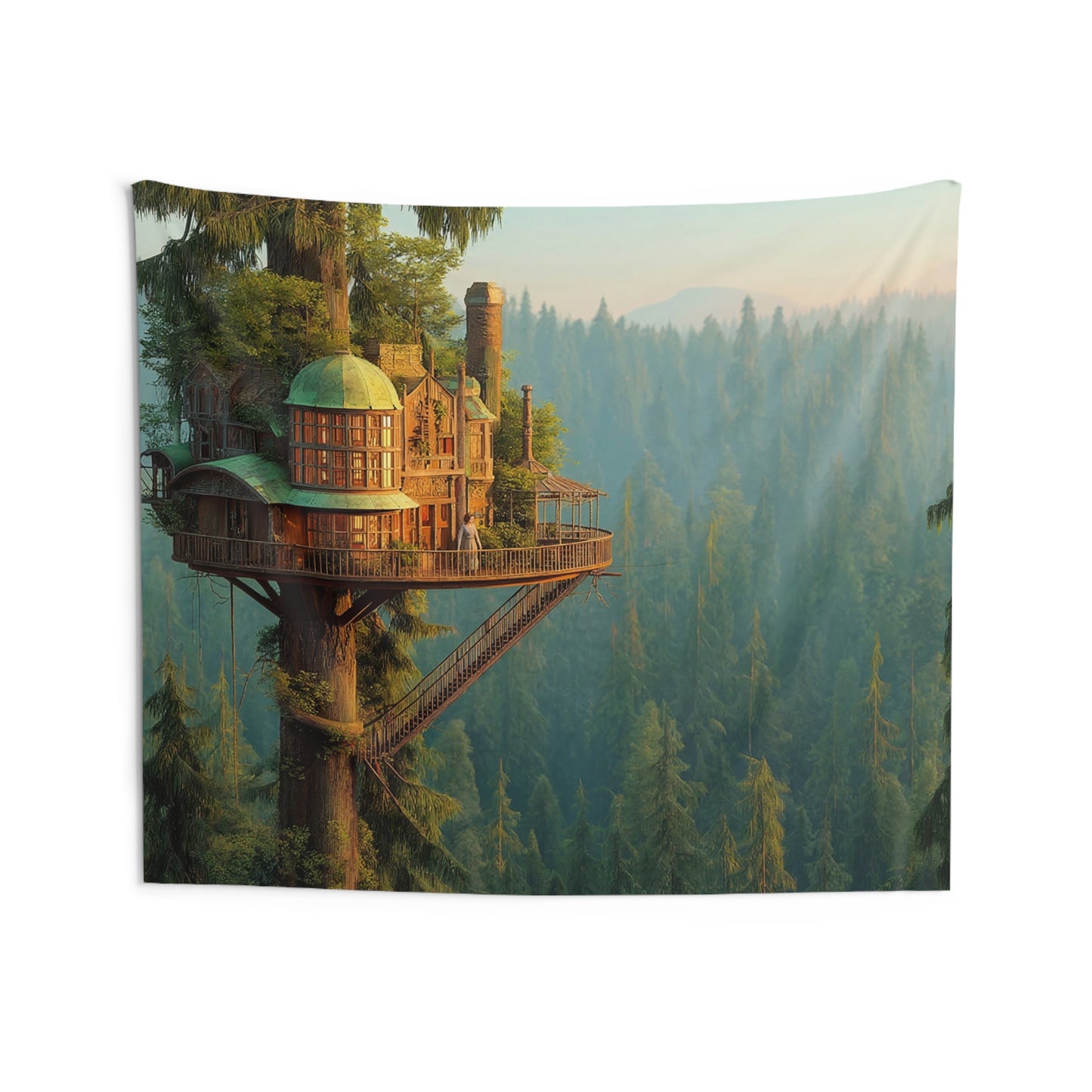 Treehouse Sentinel Indoor Wall Tapestries – Dawn’s Embrace in the Ancient Canopy