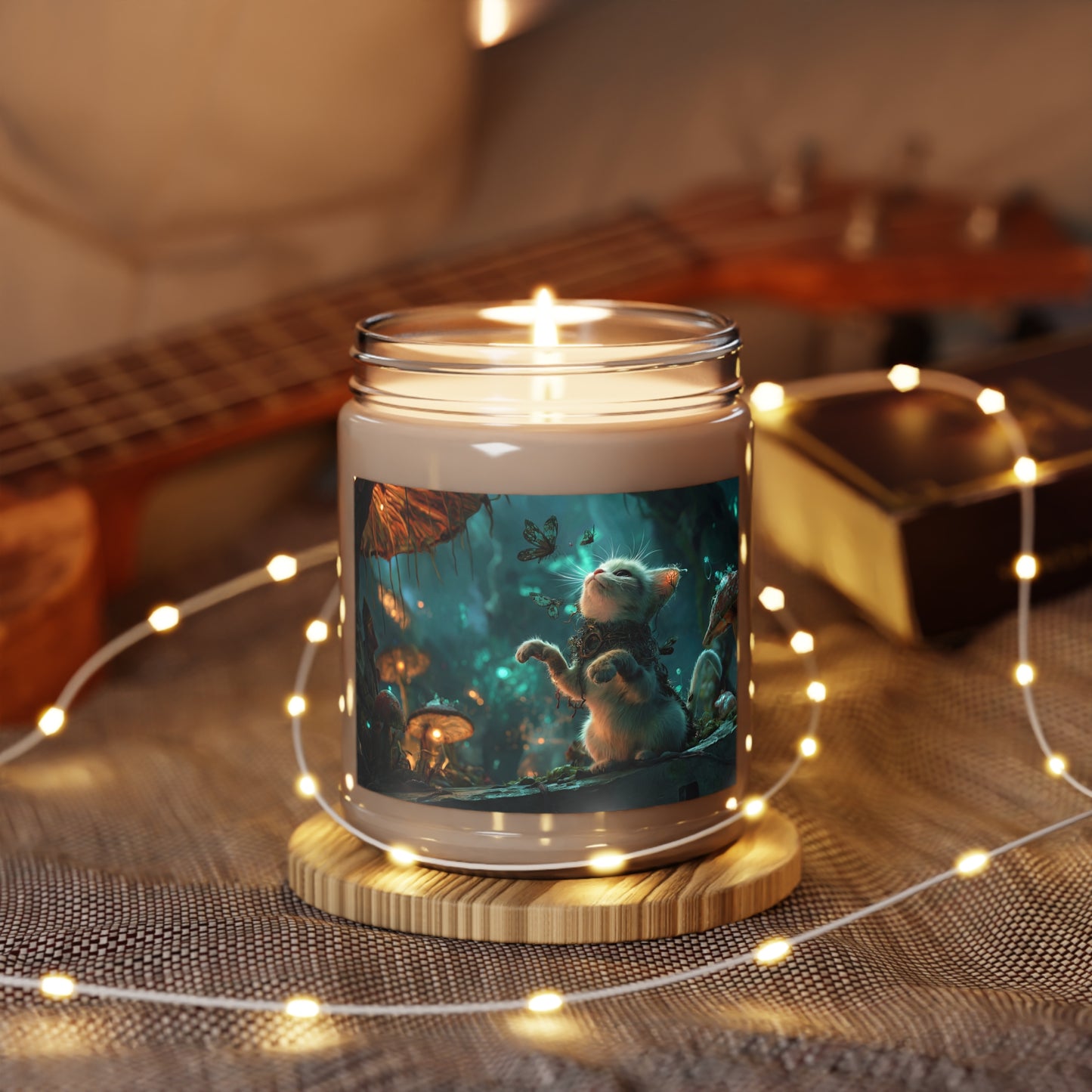 Whispering Forest Kitten Scented Soy Candles with White Lid, 9oz – Guardian of the Bioluminescent Grove