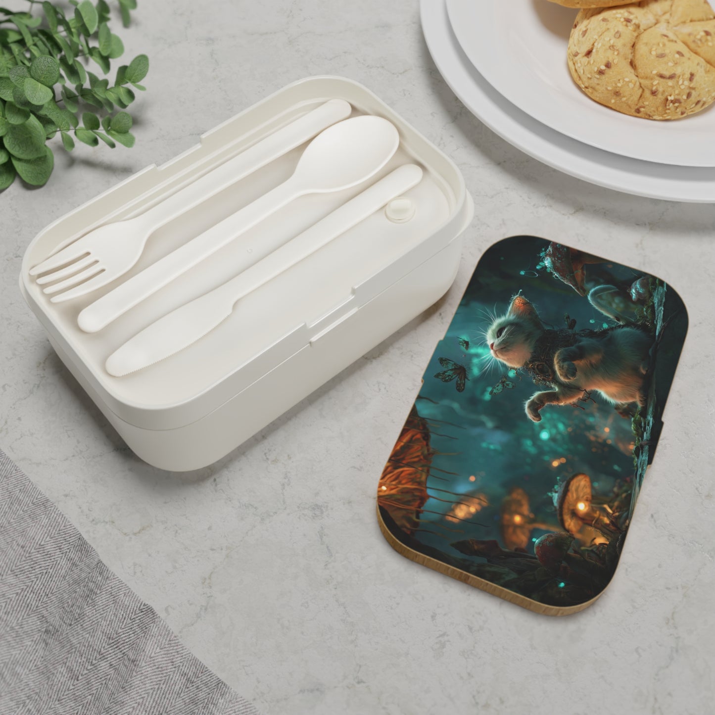 Whispering Forest Kitten Bento Lunch Box – Tiny Guardian of Bioluminescent Glows