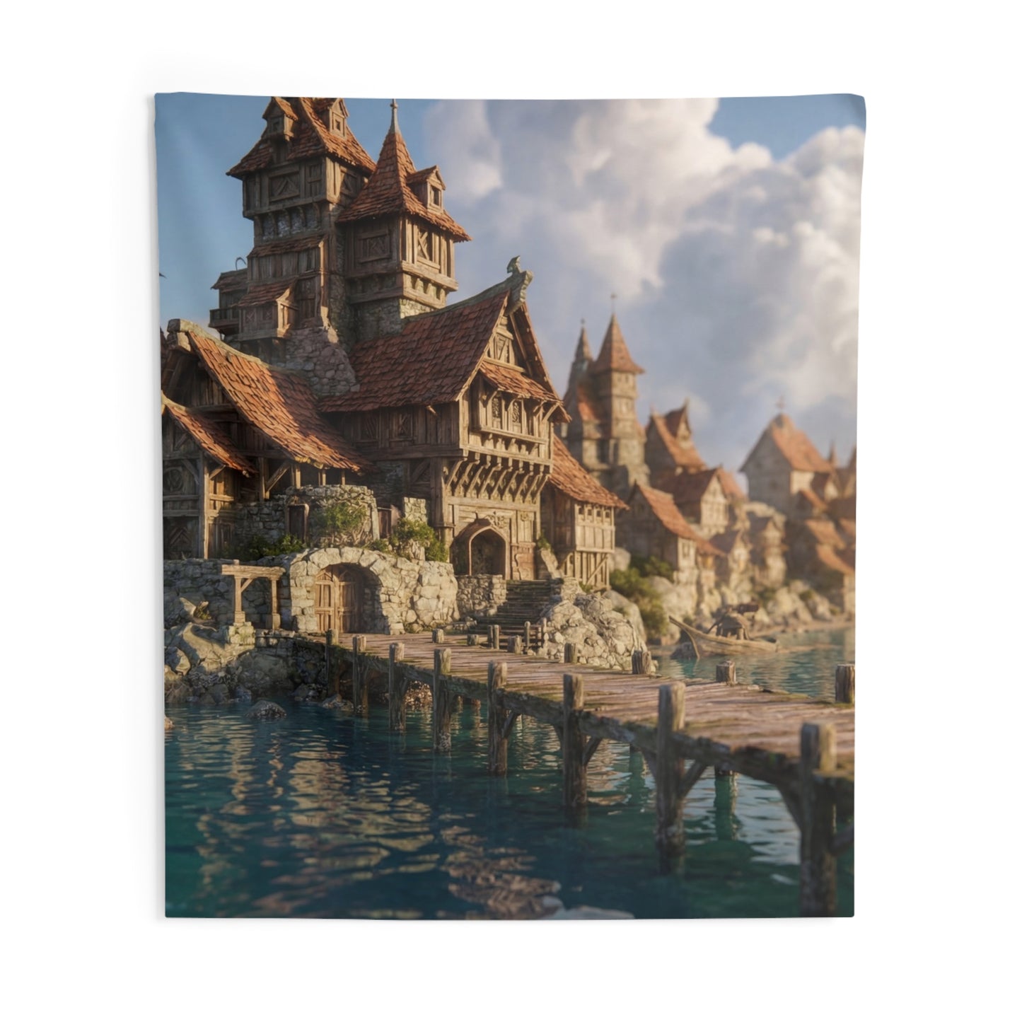 Coastal Viking Village Wall Tapestry – Sunlit Harbor Whispers