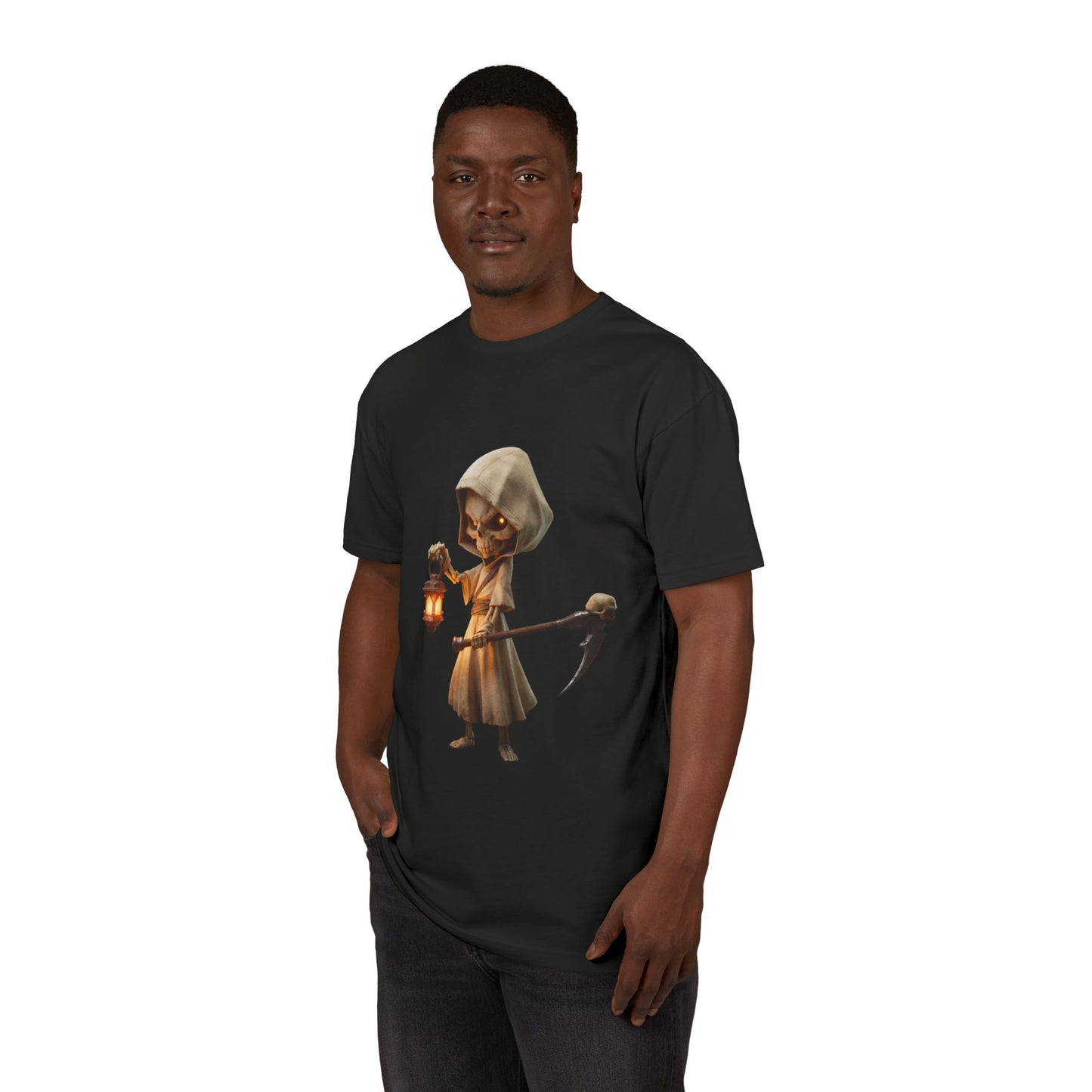 Lantern-Bearing Skeleton Sentinel Unisex Sueded T-Shirt – Gentle Guardian with Skull-Top Scythe and Warm Glow