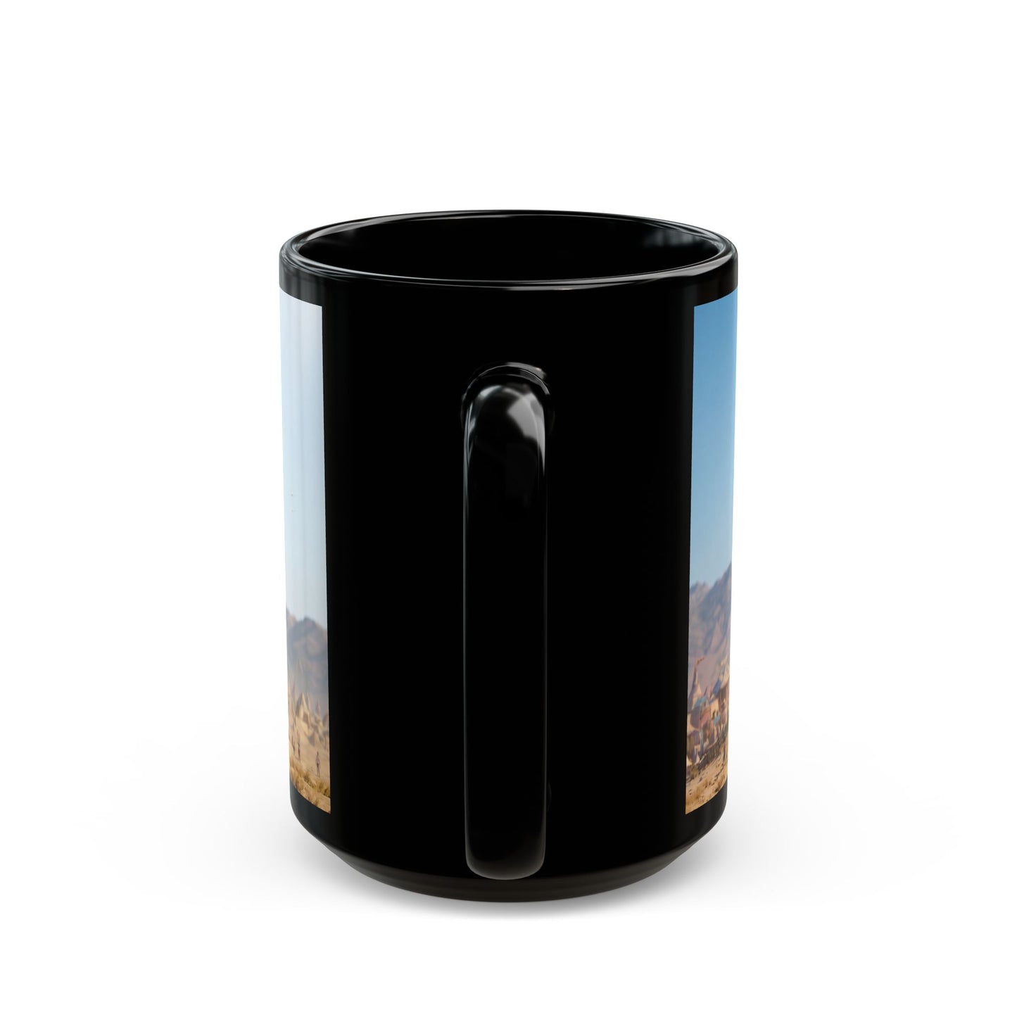 Desert Citadel Black Mug – Sunlit Ruins & Wanderer’s Path