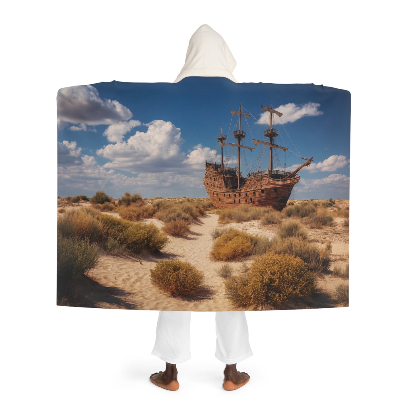 Desert Shipwreck Hooded Sherpa Fleece Blanket – Sun-Scorched Navigator Dreamscape
