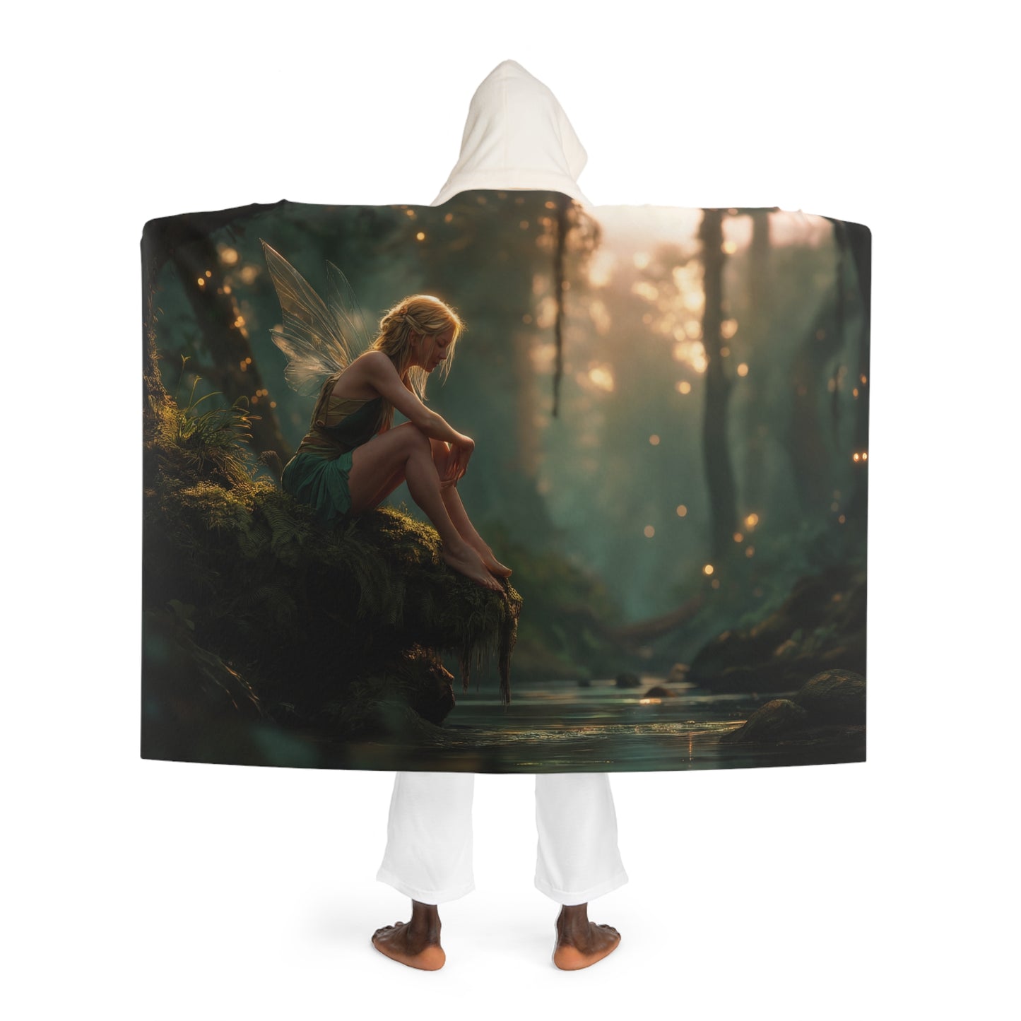 Mossy Bank Fairy Hooded Sherpa Fleece Blanket – Golden Hour Forest Guardian