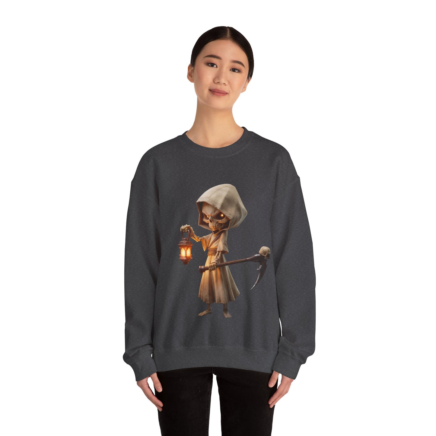 Lantern-Bearing Grim Reaper Unisex Heavy Blend™ Crewneck Sweatshirt – Ember-Lit Sentinel with Scythe and Skull-Capped Blade