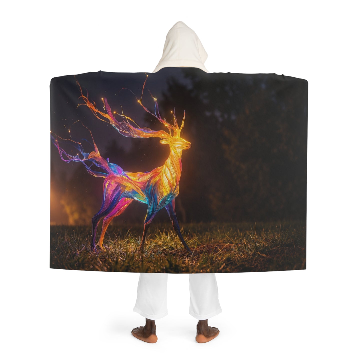 Chromatic Stag Hooded Sherpa Fleece Blanket – Luminescent Forest Guardian