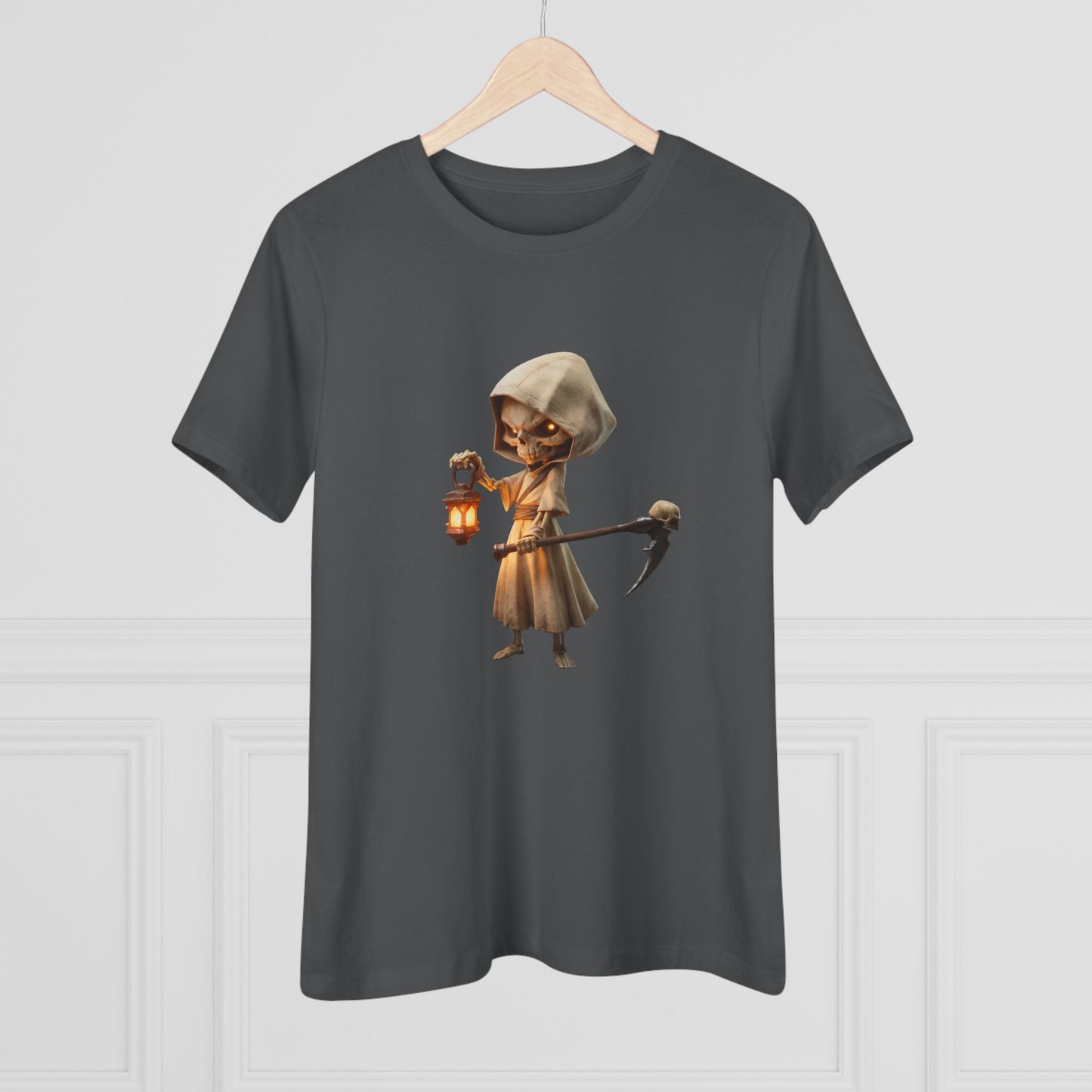 Lantern-Bearing Sentinel Women's Cotton Tee – Hooded Guardian with Scythe