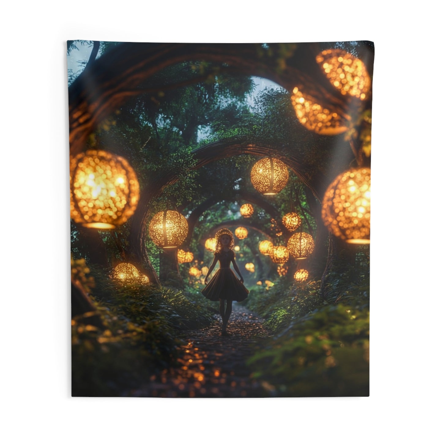 Girl Among Glowing Lanterns Indoor Wall Tapestries – Whispering Forest Pathway