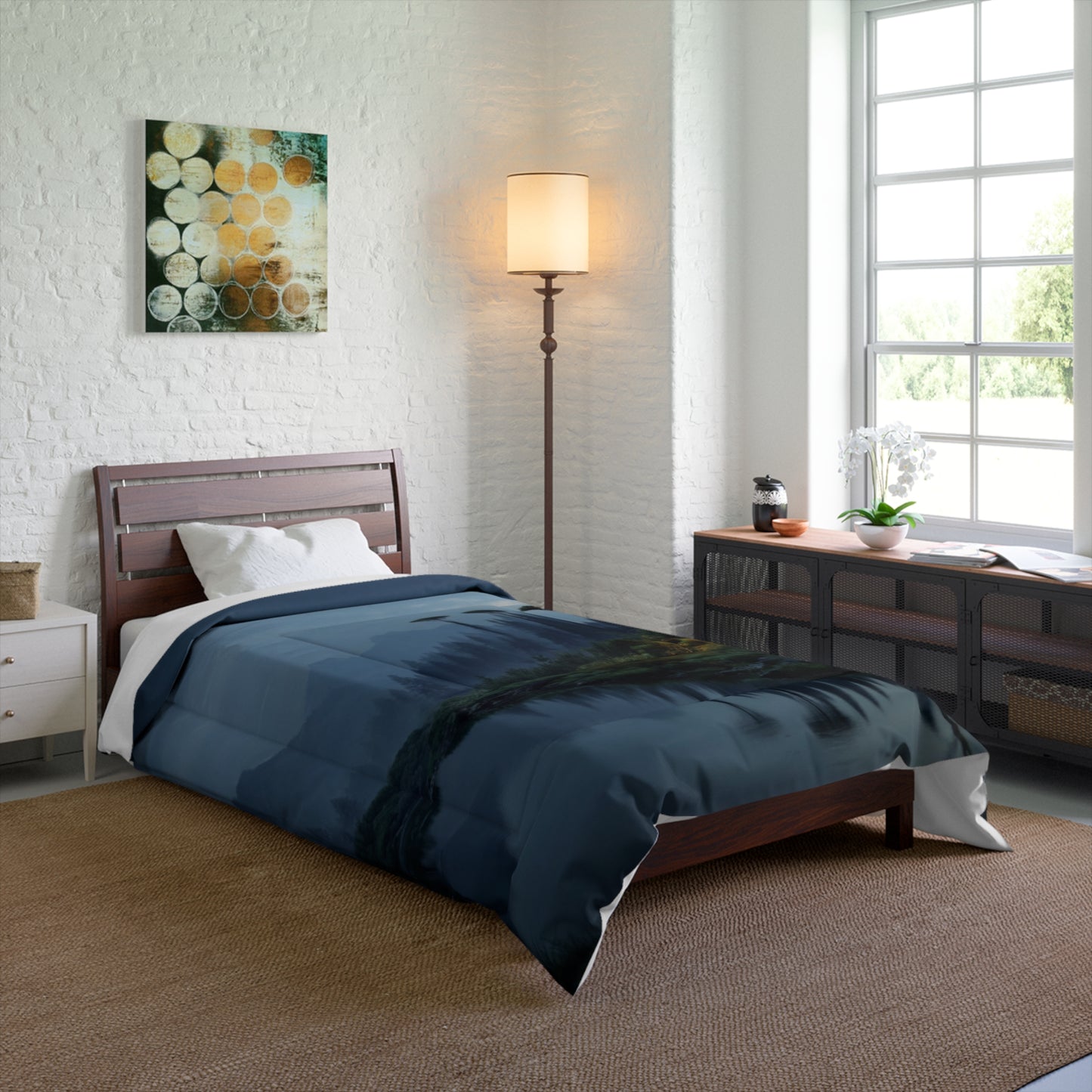 Moonlit Mountain Cabin Comforter – Warm Hearth Glow Amidst Whispering Peaks