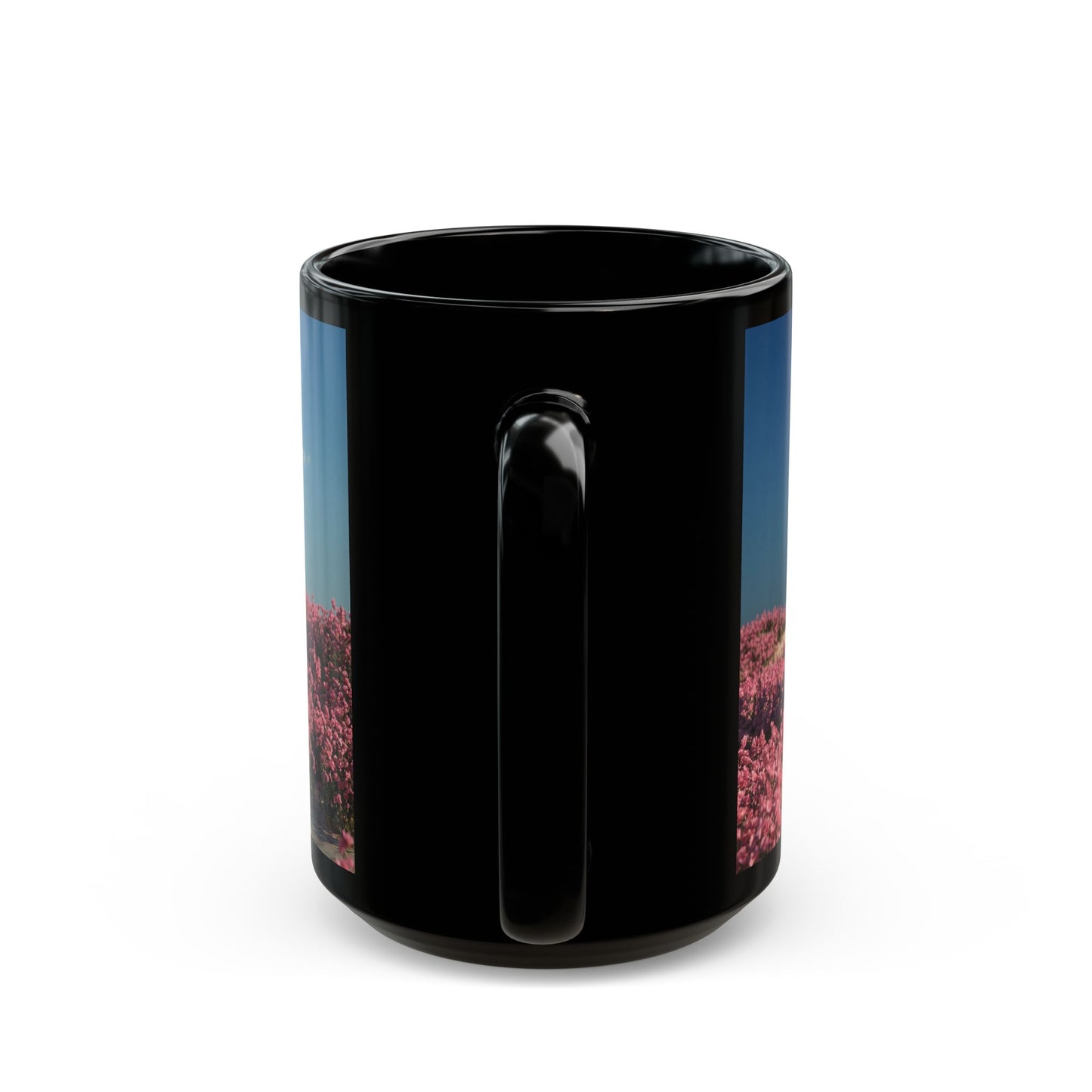 Stone Portal in Pink Bloom Field Mug – Serene Gateway to Dreamscapes