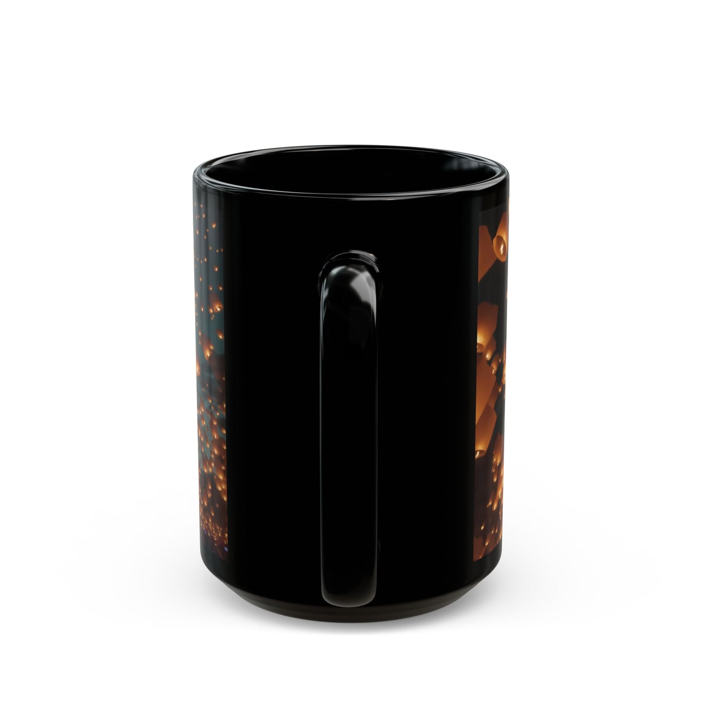 Skyborne Lanterns Black Mug – Warm Glow of Shared Wishes