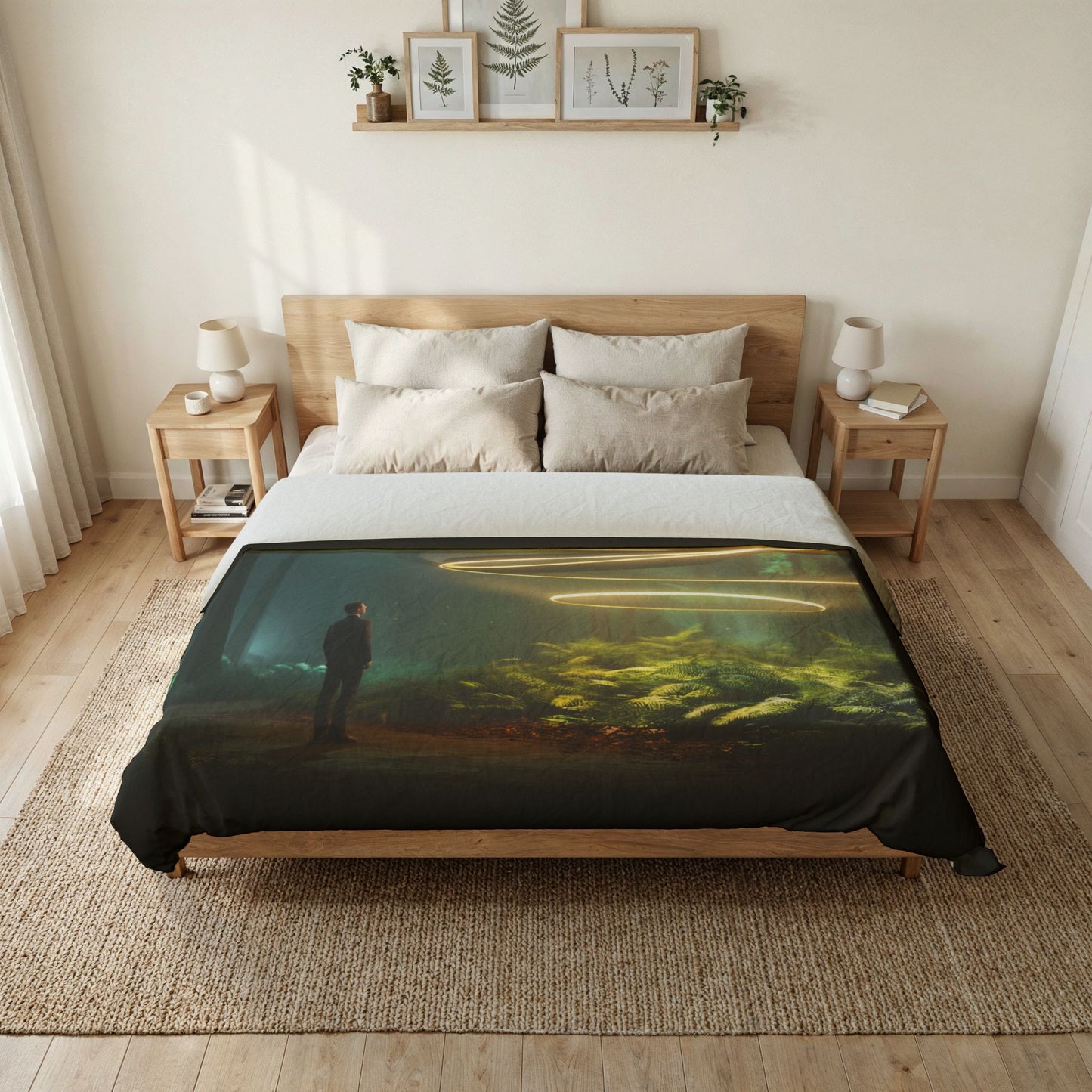 Golden Spiral Forest Duvet Cover – Luminous Rings Over Ferns