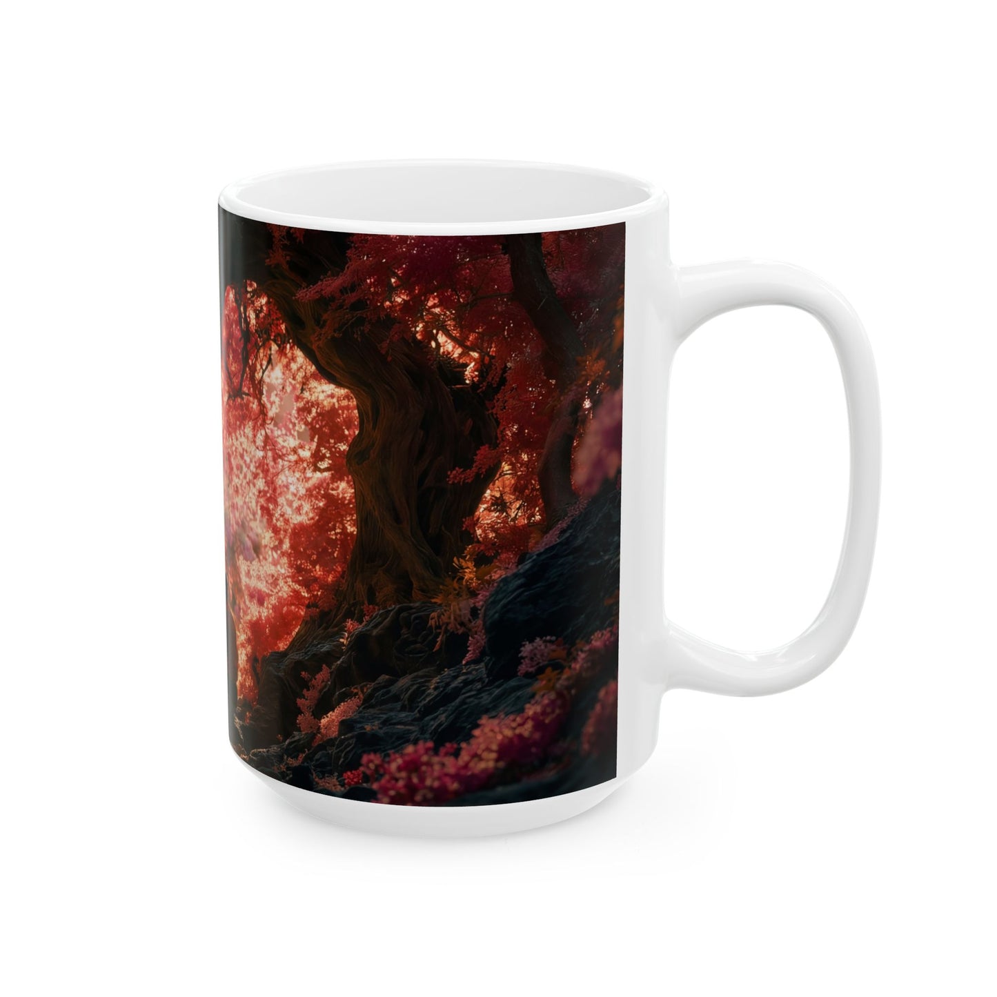 Crimson Canopy Ceramic Mug – Whispers of a Love-Spun Forest