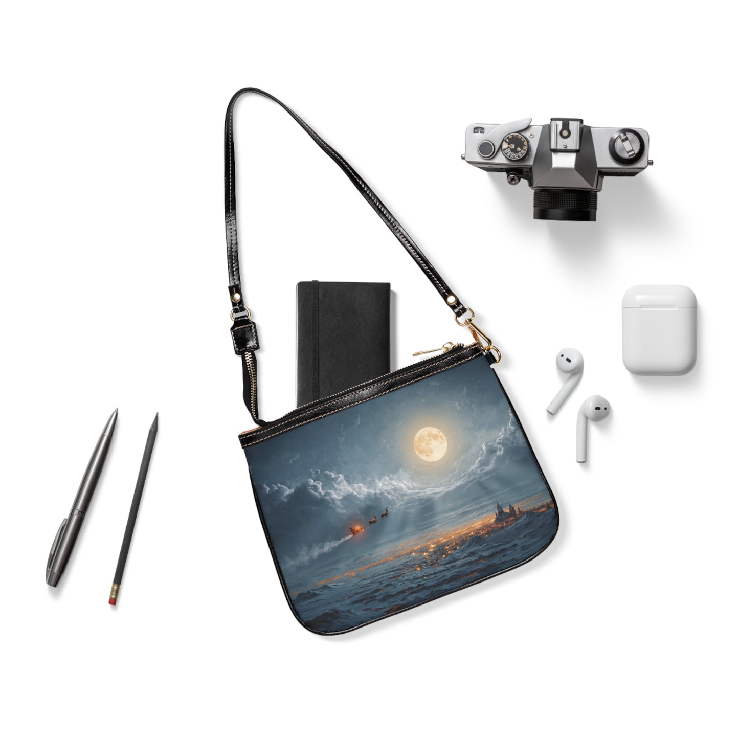 Midnight Sleigh Ride Small Shoulder Bag – Frost-Clad City Beneath a Full Moon