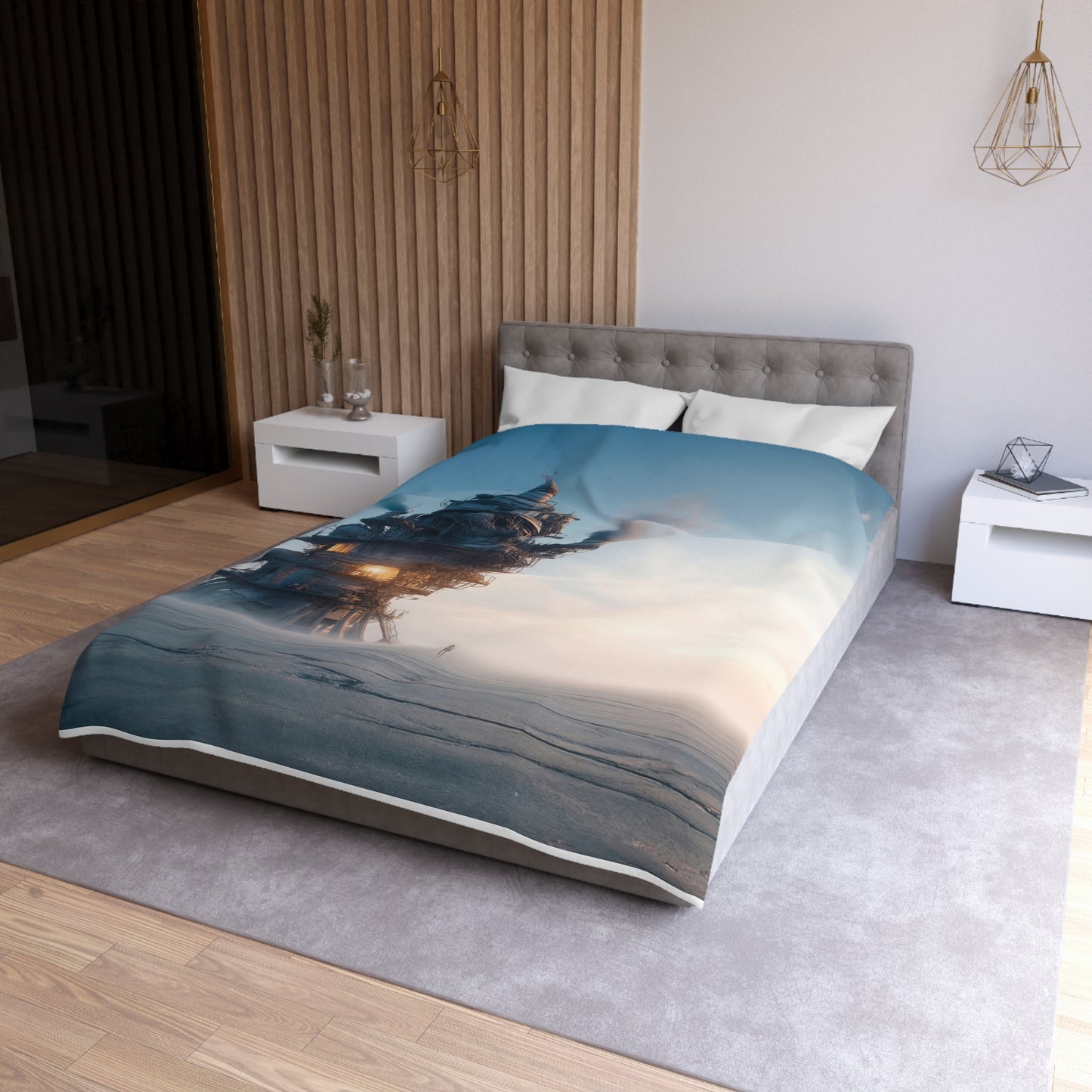 Skyward Steam Tower Microfiber Duvet Cover – A孤独 Sentinel in Dawn’s Hush
