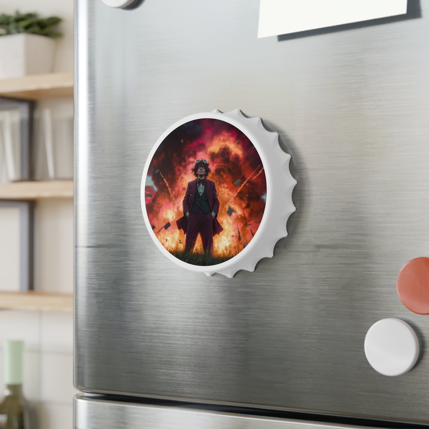 Mad Scientist Amidst Crimson Blast Bottle Opener – Unapologetic Chaos Theory