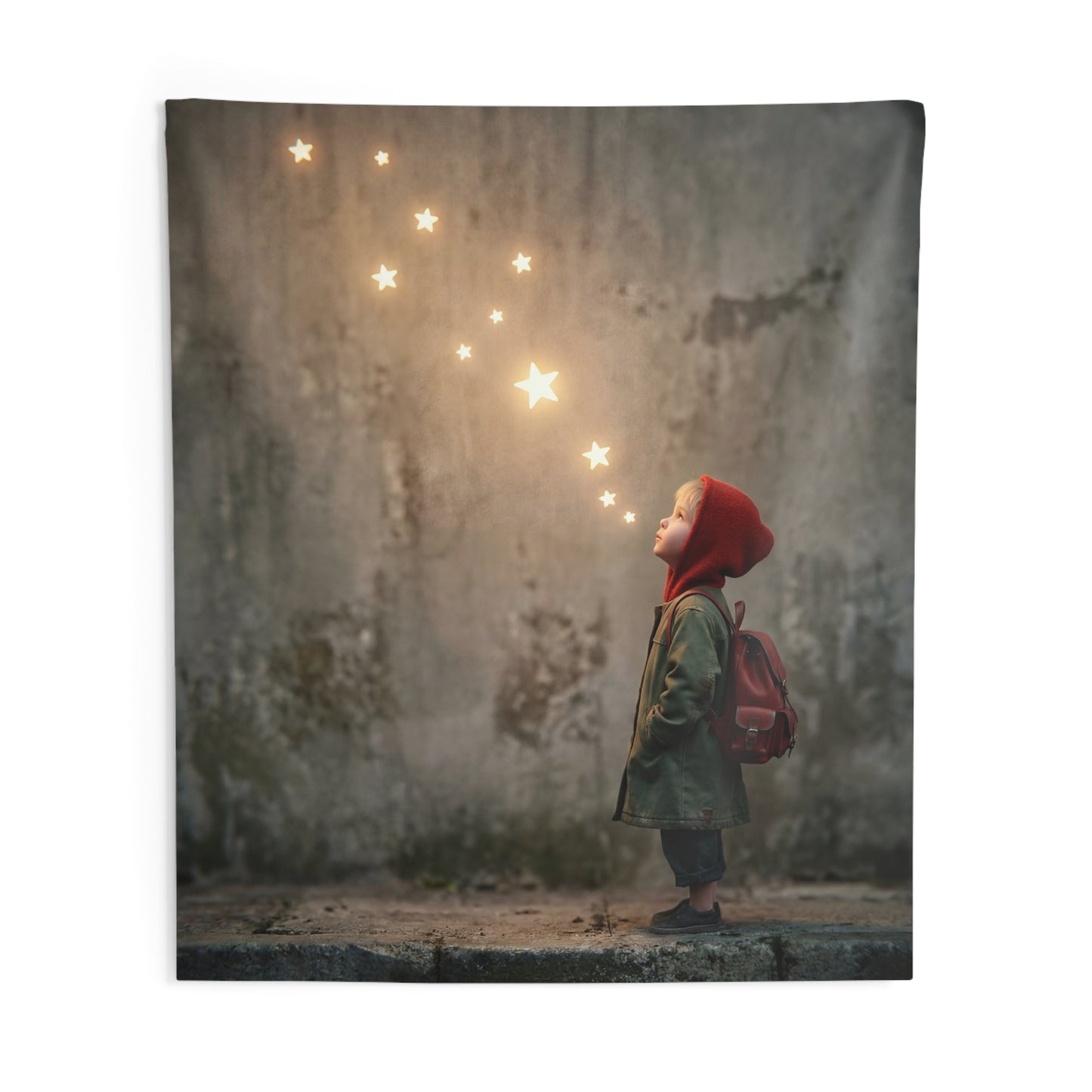 Starbound Child Indoor Wall Tapestries – Warm Glow Against Weathered Stone