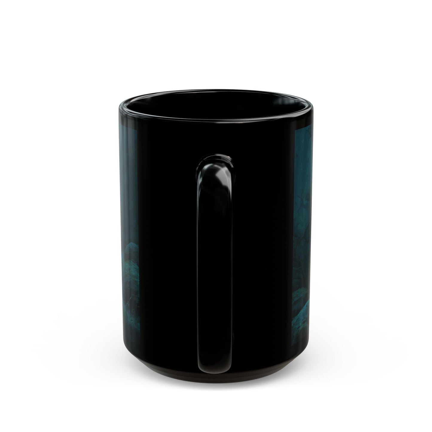 Twilight Sentinel Black Mug – Misty Forest Guardian with Glowing Sword