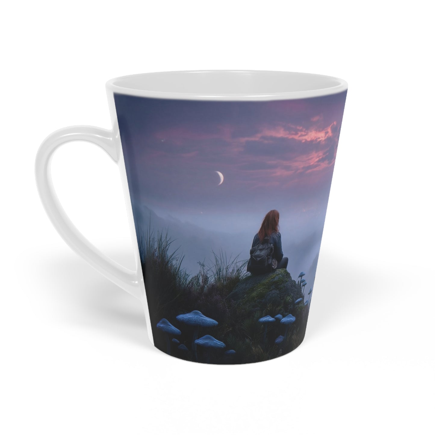 Moonlit Wanderer Latte Mug, 12oz – Twilight Over the Misty Vale