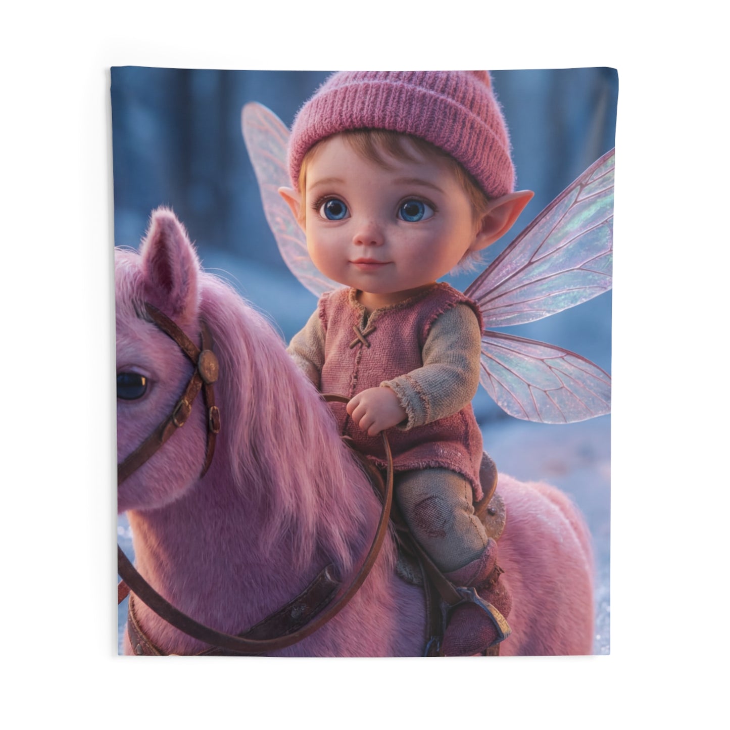 Fairy Child on Pink Unicorn Indoor Wall Tapestries – Winter Forest Whispers