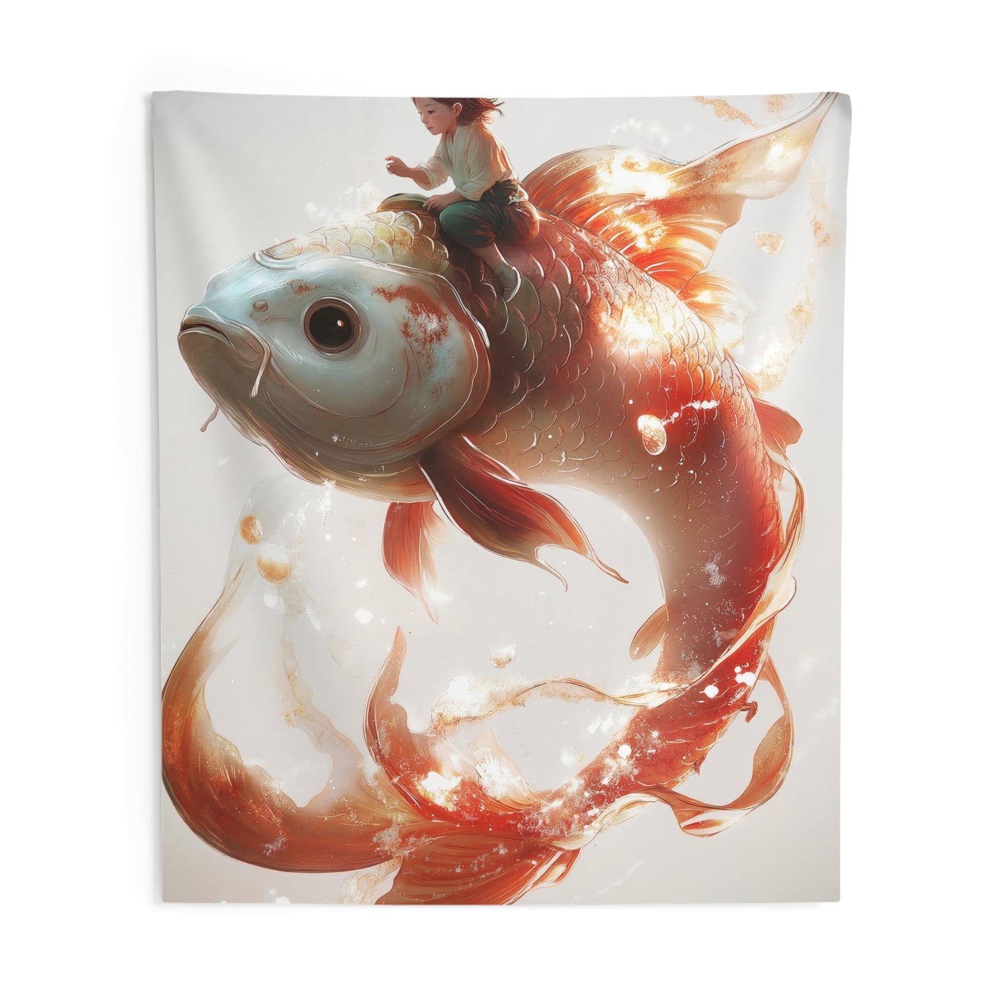 Child on Glowing Goldfish Indoor Wall Tapestries – Whimsical Journey Through Liquid Light