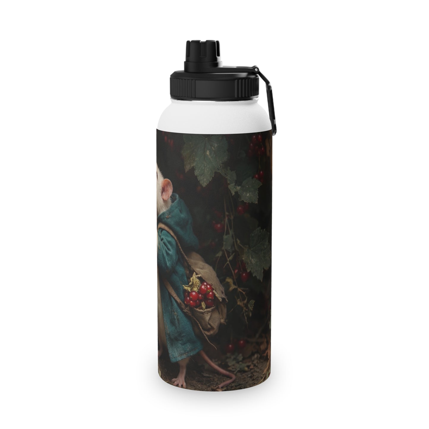 Candlelit Rat Forager Stainless Steel Water Bottle, Sports Lid – Autumn Berry Harvest