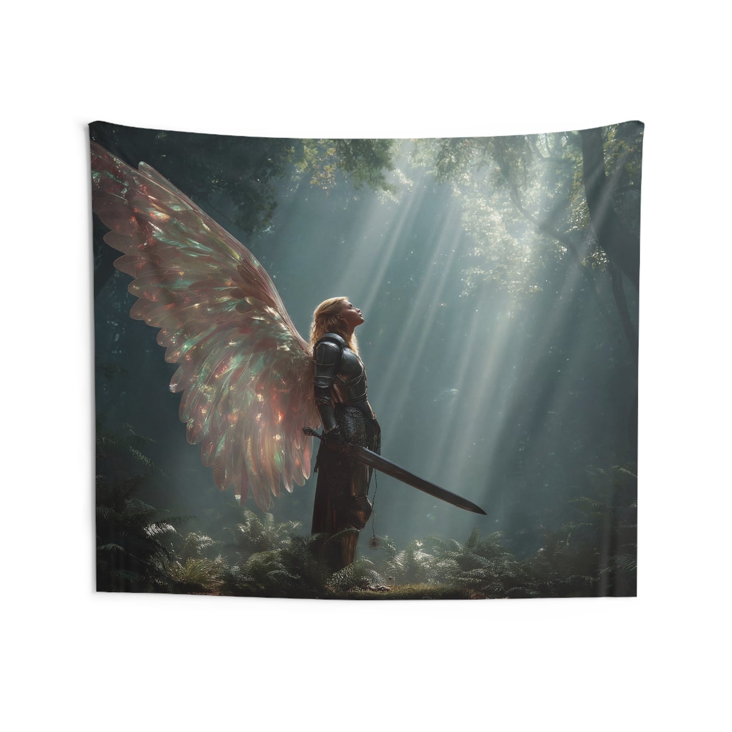 Angelic Knight in Sunlit Forest Tapestries – Radiant Wings and Sacred Light