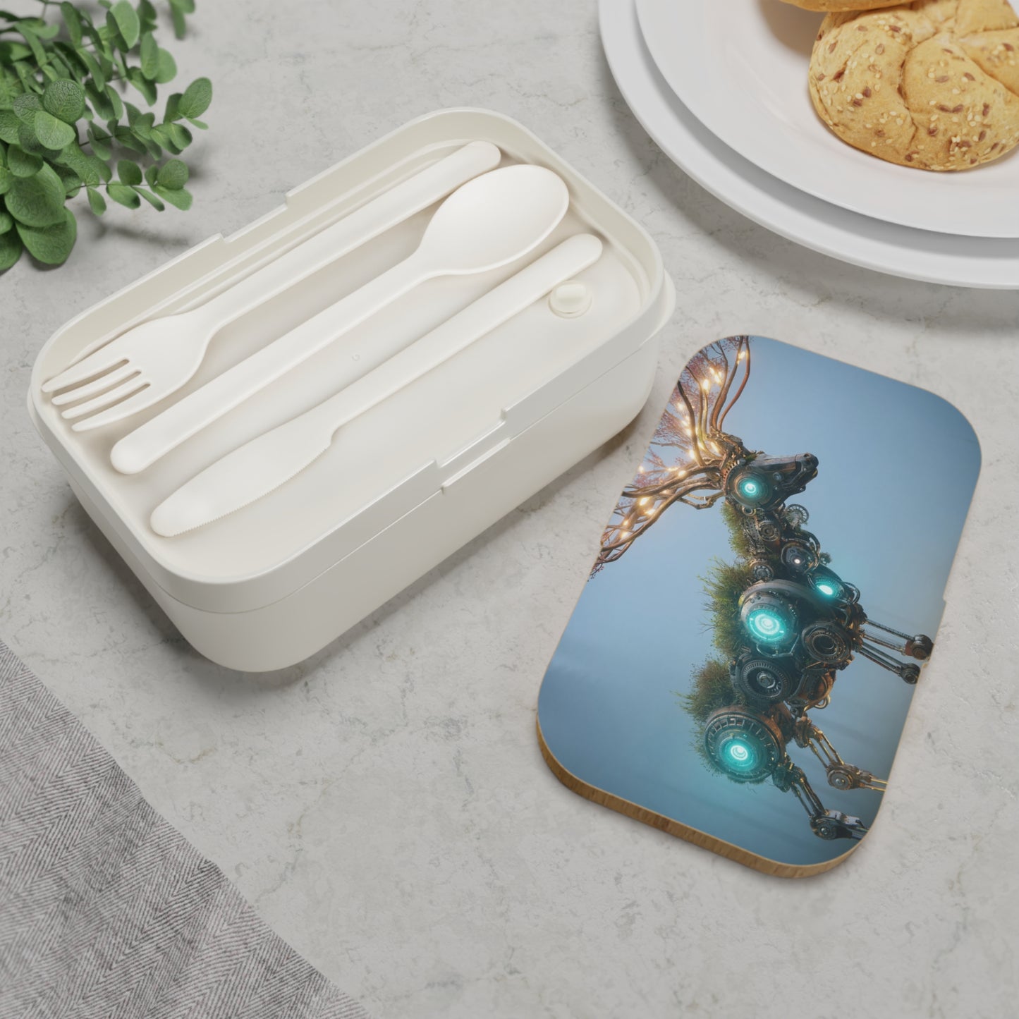 Cybernetic Forest Stag Bento Lunch Box – Glowing Antlers in Misty Dawn