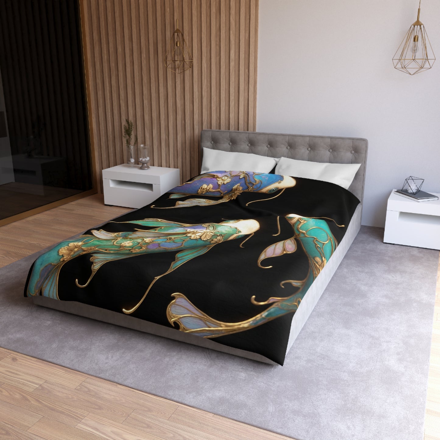 Art Nouveau Koi Microfiber Duvet Cover – Luminous Azure Guardians of the Deep