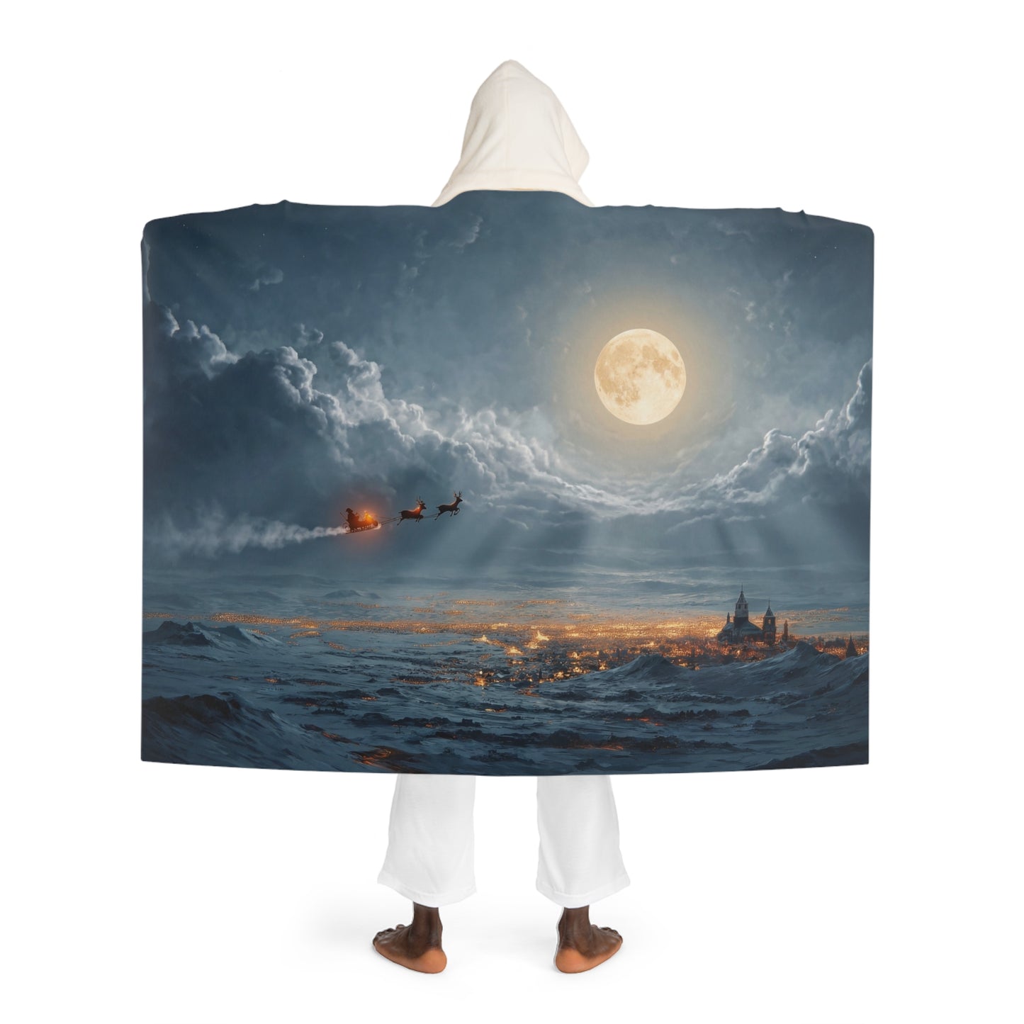Midnight Sleigh Ride Hooded Sherpa Fleece Blanket – Warmth Under a Full Moon