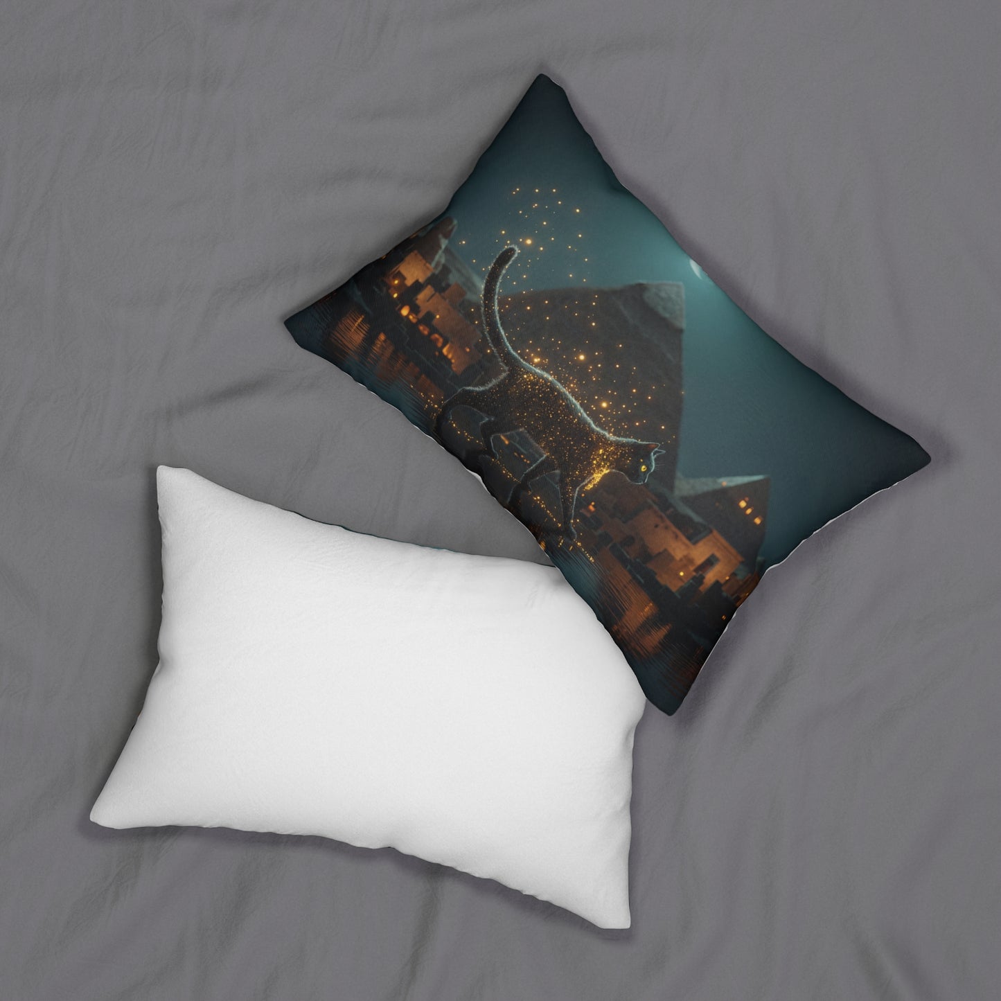 Starlit Cat Lumbar Pillow – Ancient Egypt Nightscape with Glowing Feline