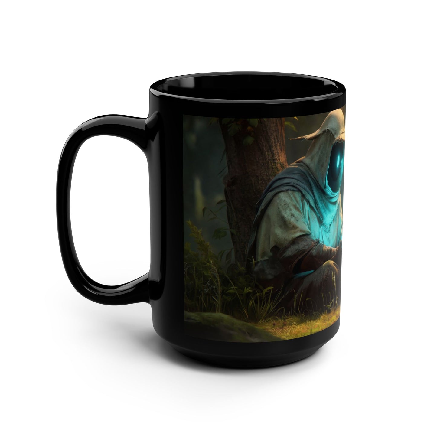 Forest Guardian Black Mug, 15oz – Bioluminescent Plant Caretaker