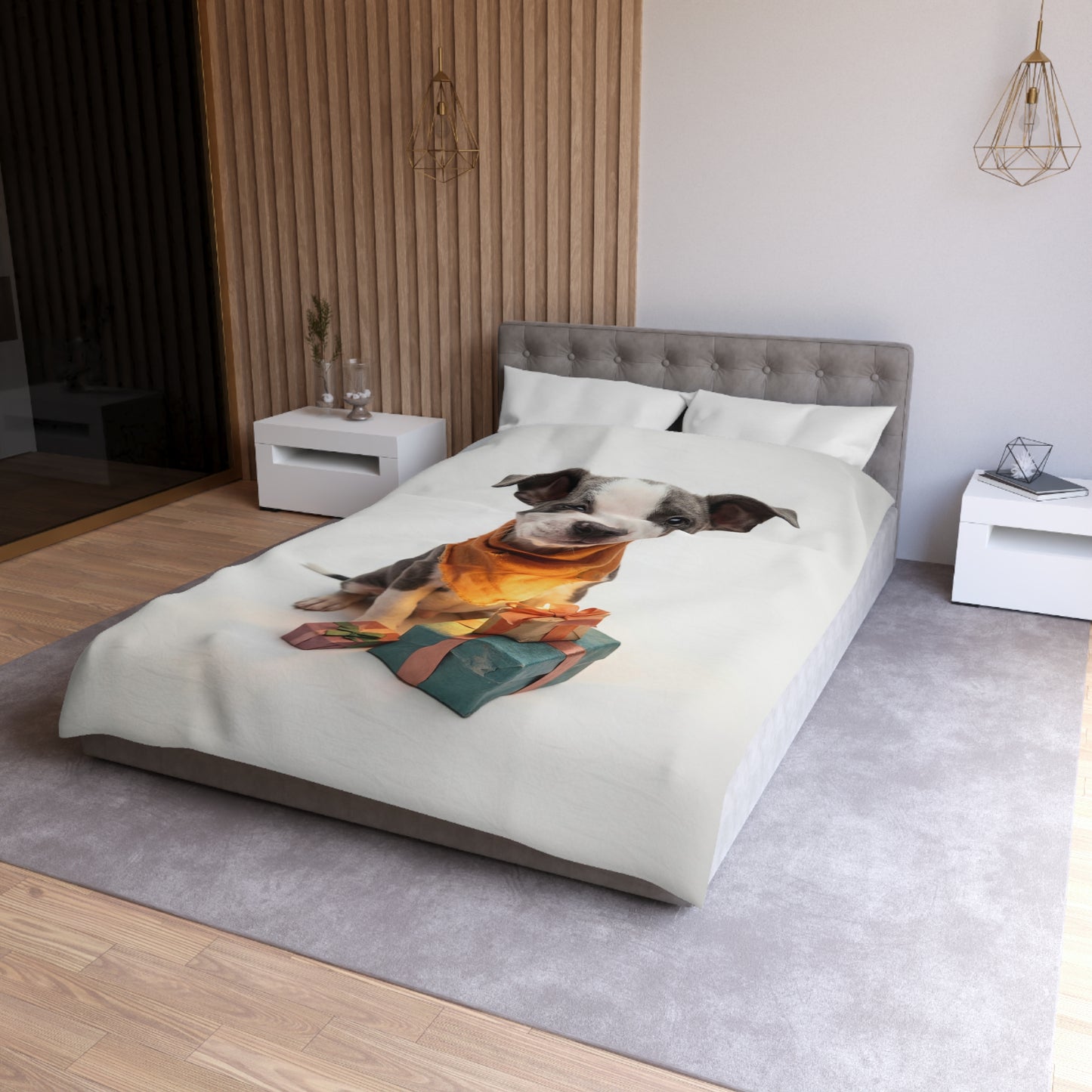 Gift-Wrapped Puppy Microfiber Duvet Cover – Warm Orange Accents on Soft White