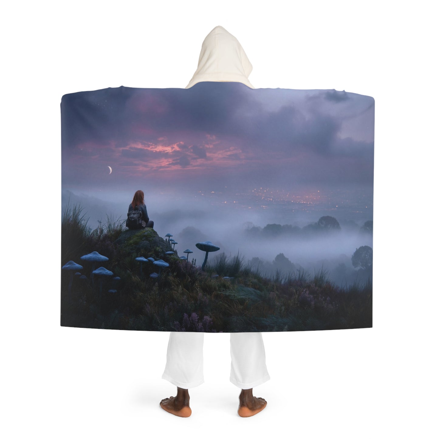 Moonlit Mycophile Hooded Sherpa Fleece Blanket – Whispering Forest Twilight