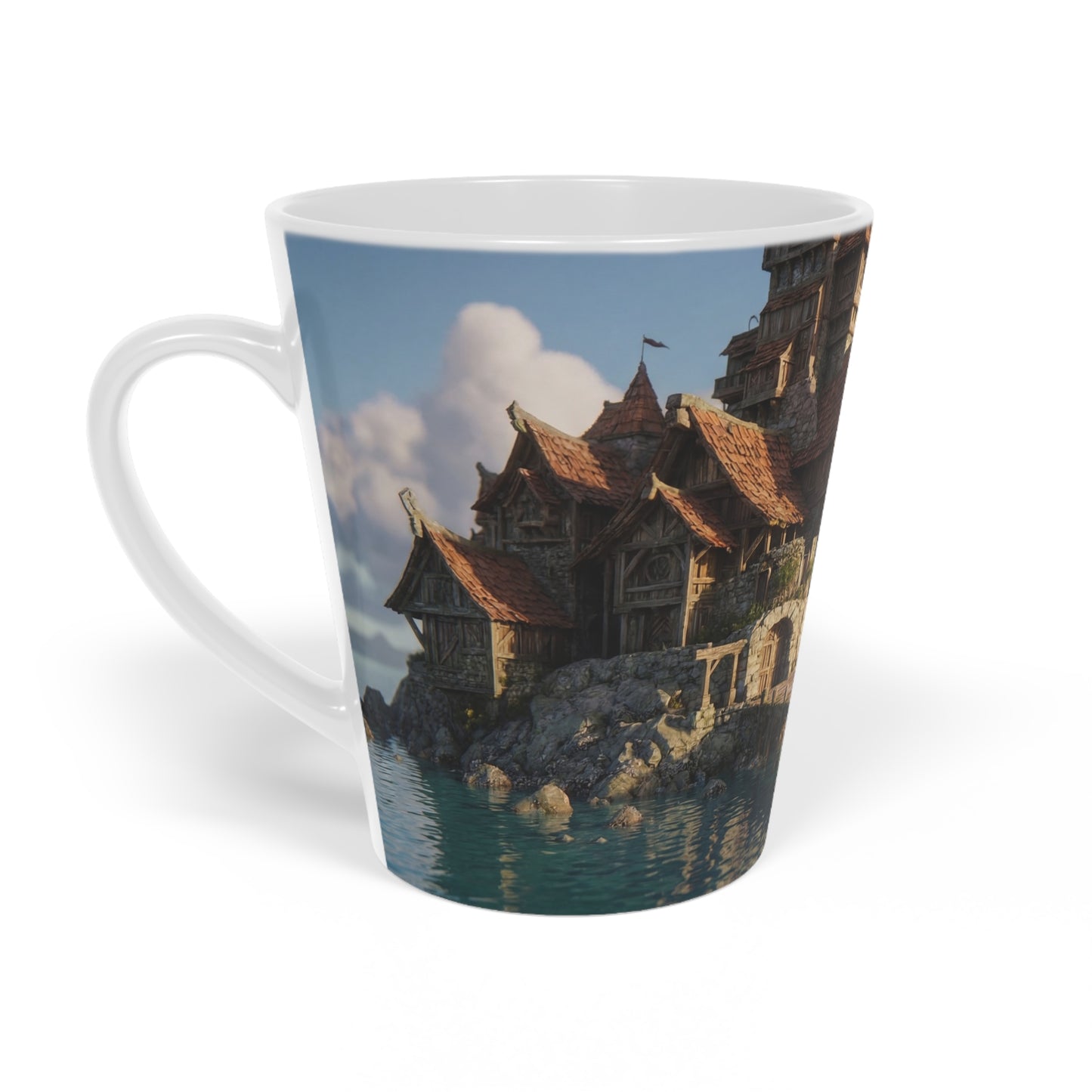 Coastal Viking Village Latte Mug, 12oz – Sunlit Stone & Timber Dreamscape