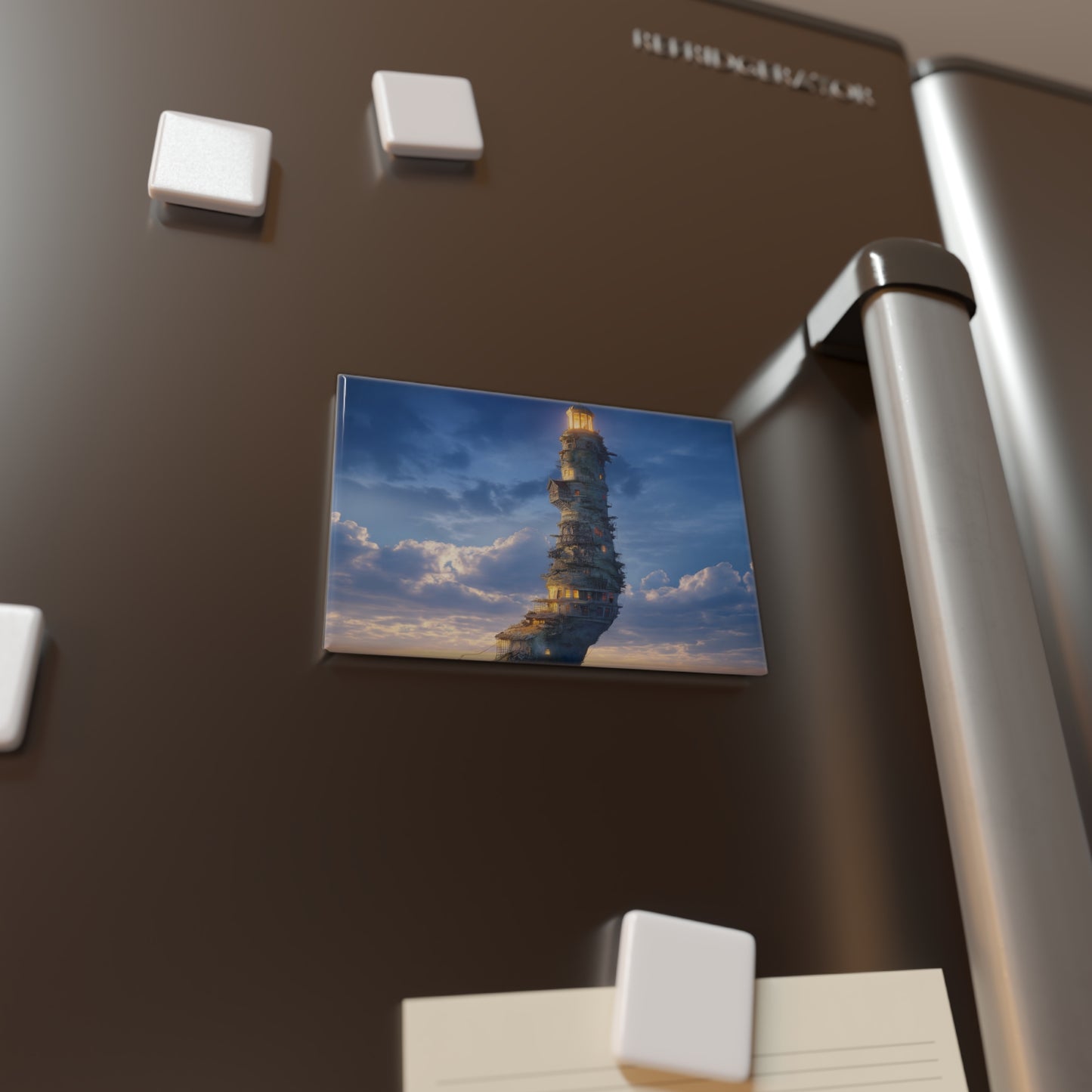 Skyborne Lighthouse Button Magnet, Rectangle (1 & 10 pcs) – A Tower of Warm Light Rising Through Clouds