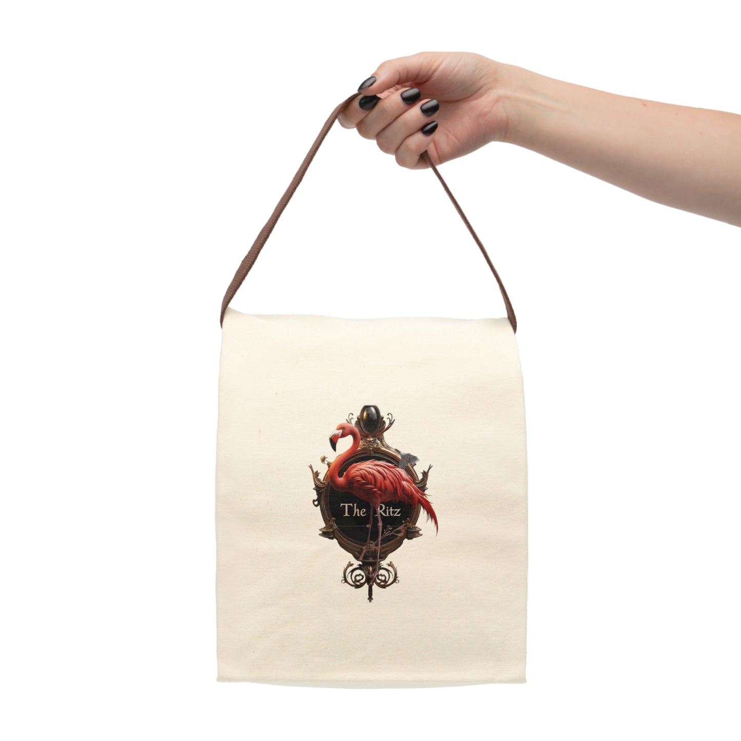 Crimson Flamingo Ritz Emblem Lunch Bag With Strap – Gilded Portrait & Velvet Signage