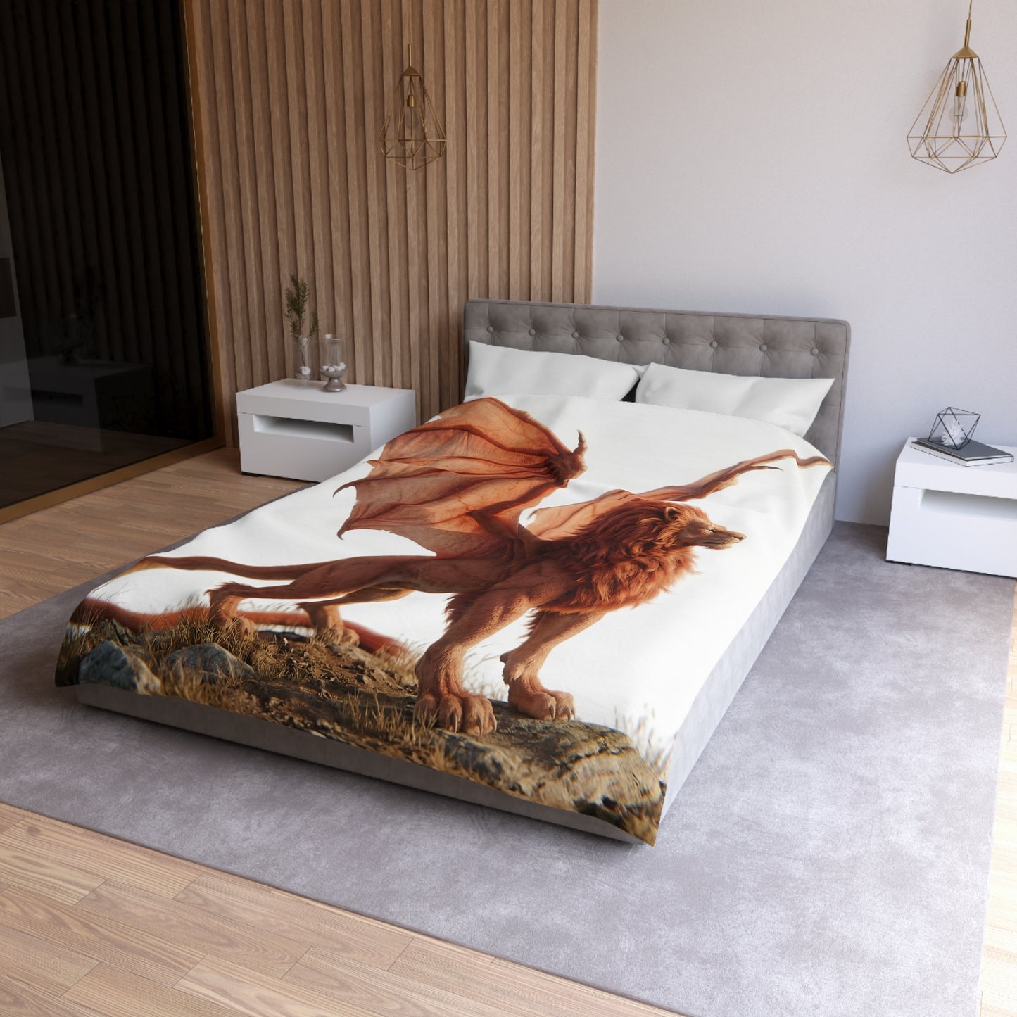 Winged Lion Sentinel Microfiber Duvet Cover – Sunset Throne of Warmth
