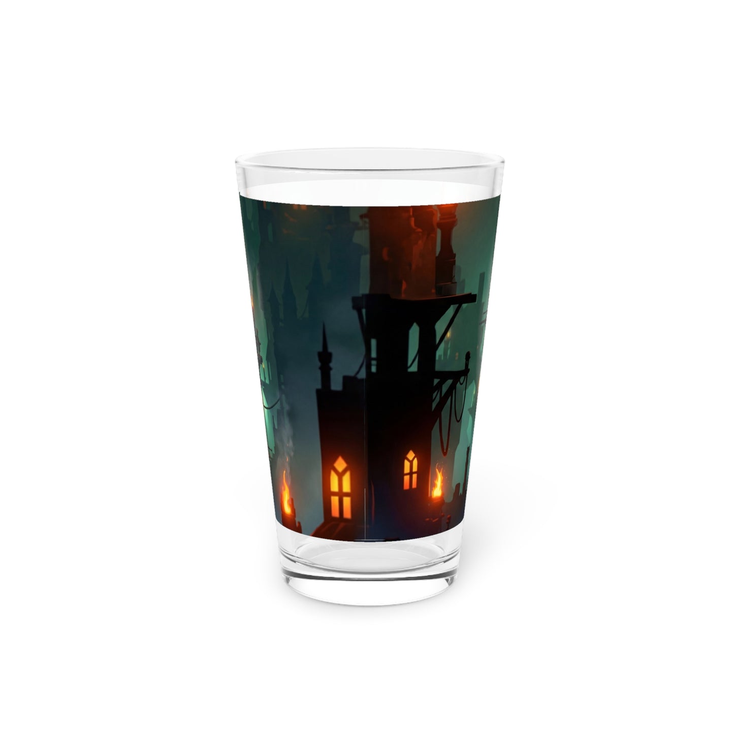 Floating City at Dusk Pint Glass – Amber Lights in the Mist
