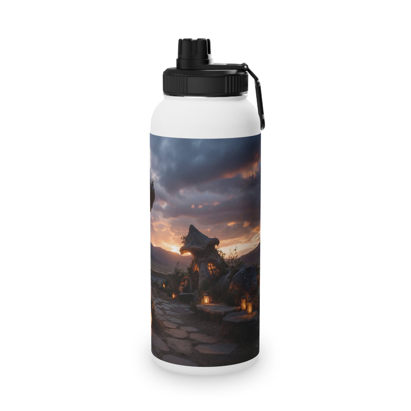 Mushroom Grove Retreat Stainless Steel Water Bottle, Sports Lid – Twilight Fairy Home Dreamscape