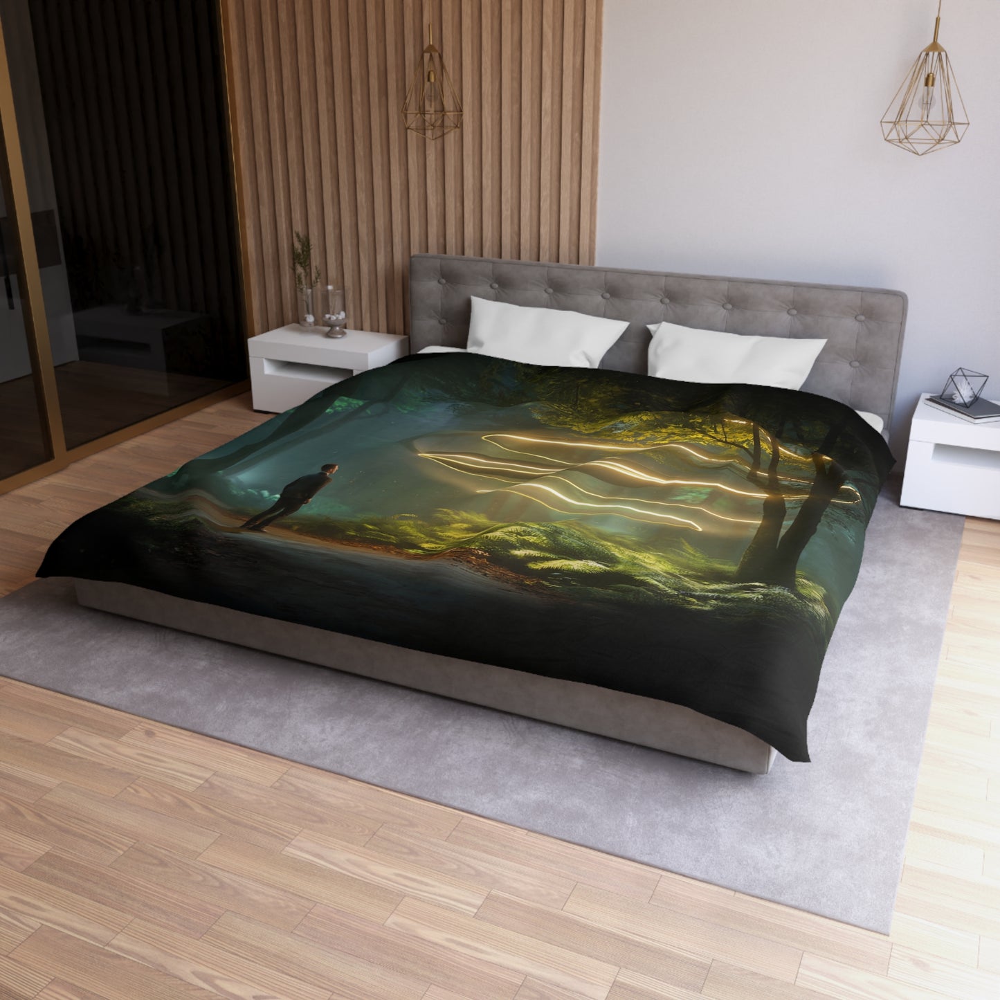 Title: Lumina Spiral Duvet Cover – Golden Rings in Whispering Woods