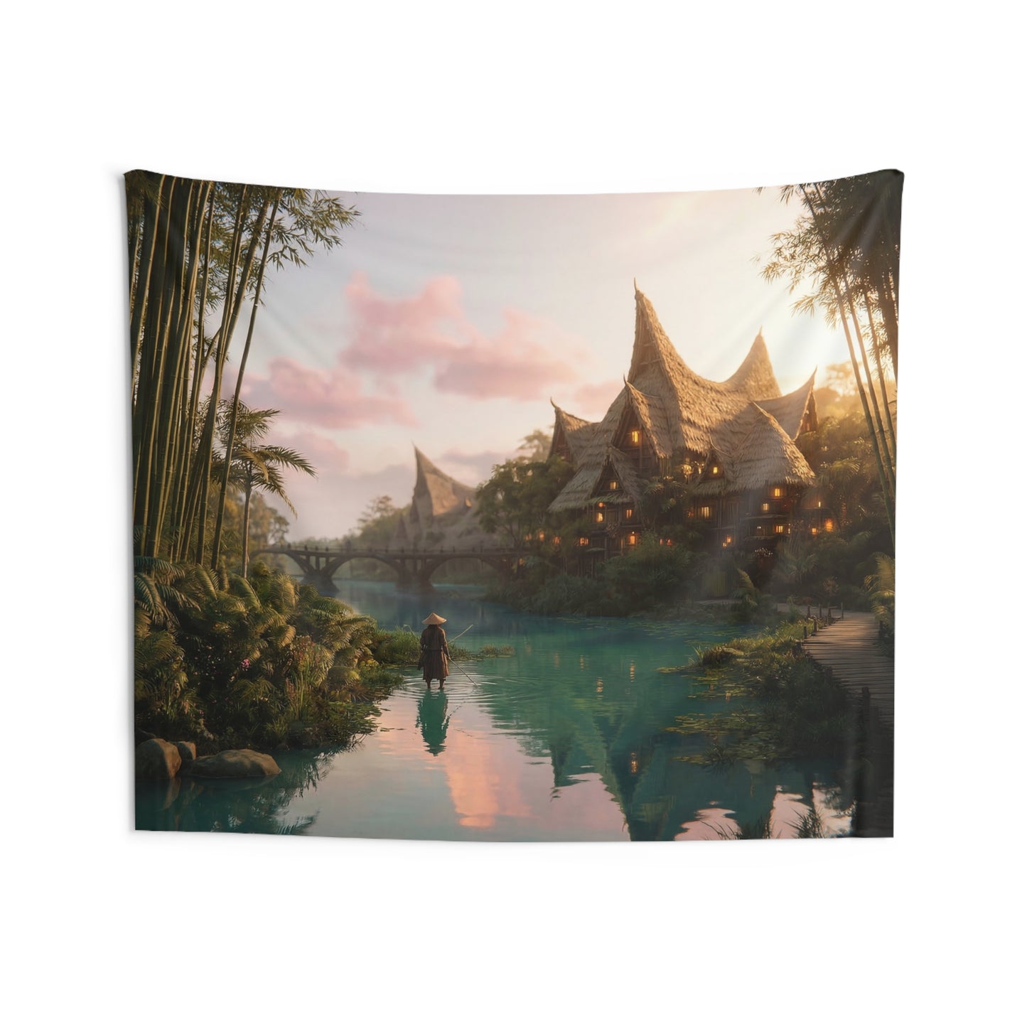 Bamboo River Village Tapestry – Twilight’s Warm Glow Over Water