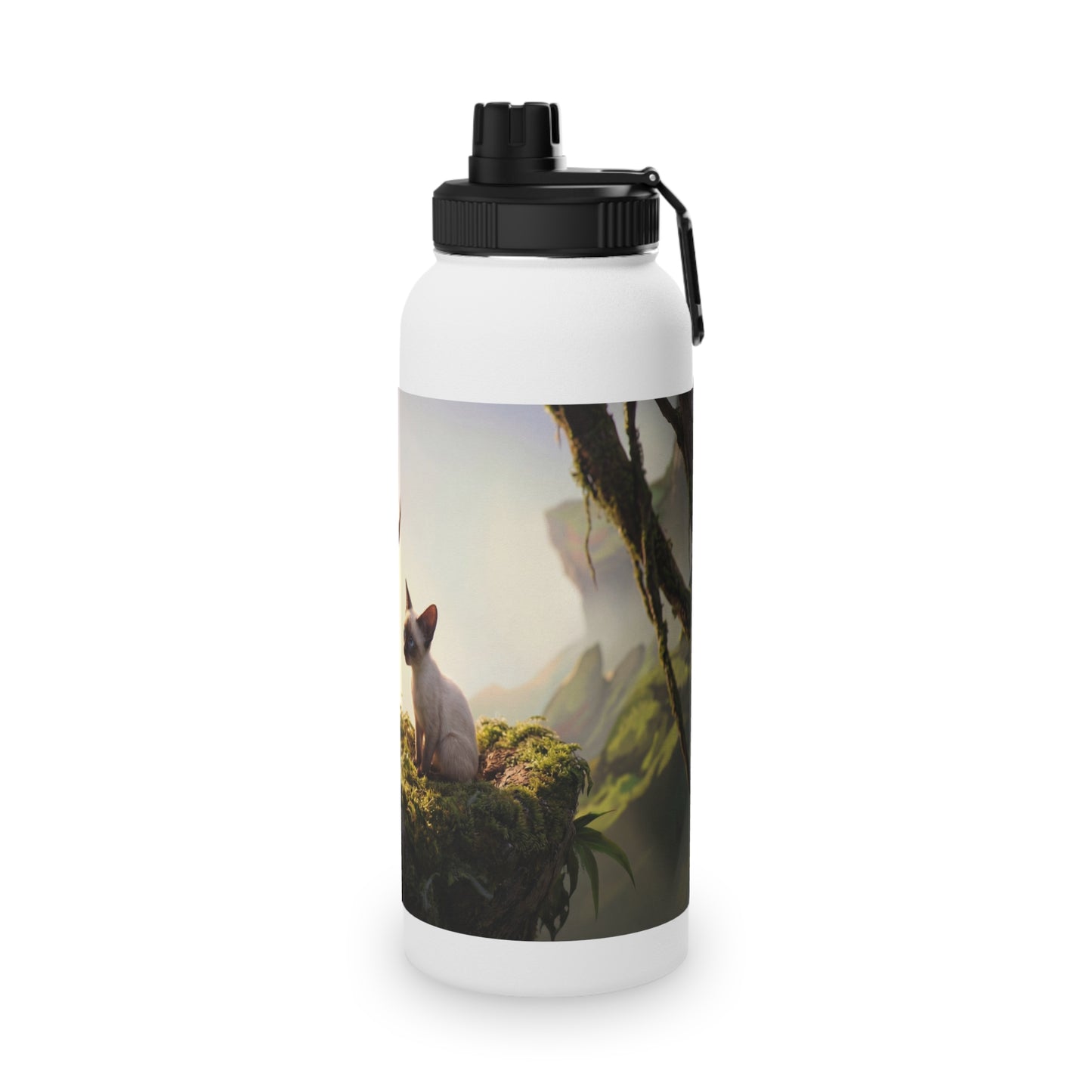 Winged Siamese Kittens Stainless Steel Water Bottle, Sports Lid – Sunlit Grove Whispers